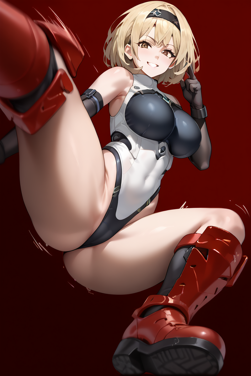 ai_generated ass ass_focus bare_shoulders big_breasts blonde_hair boots breasts brown_eyes elbow_gloves female from_behind gloves goddess_of_victory:_nikke jiggle large_breasts leotard looking_at_viewer looking_back motion_lines red_shoes_(nikke) short_hair sideboob smile solo thick_thighs thigh_boots thong thong_leotard