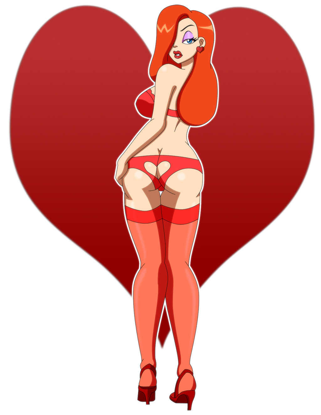 ass, back view, beige skin, blue eyes, clothes, color, disney, ear piercing, eyeshadow, female, female only, footwear, hair, hair over one eye, high heels, human, jessica rabbit, lingerie, long hair, looking back, open eyes, orange hair, pervyangel, piercing, round ears, shoes, solo, standing, underwear, who framed roger rabbit
