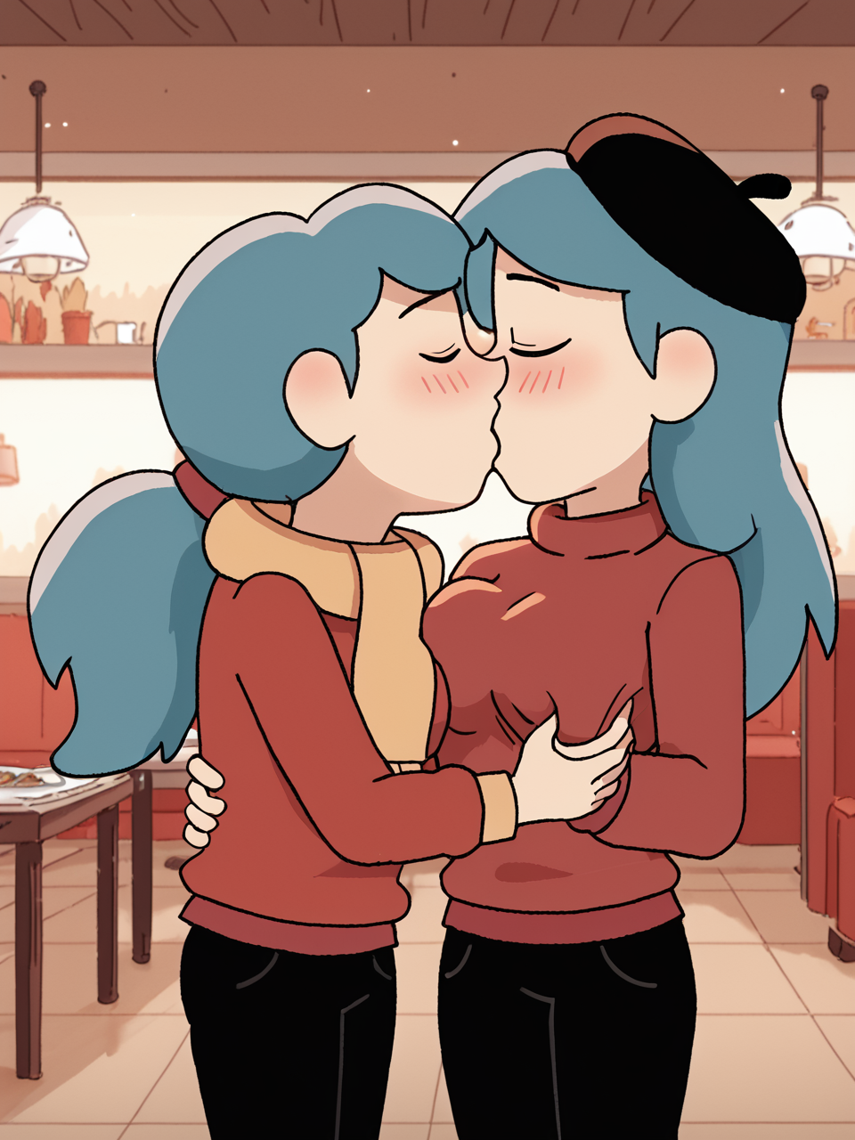 ai_generated black_beret blush closed_eyes cowboy_shot deep_kiss grabbing_another's_breast groping hilda_(hilda) hilda_(series) interior long_hair ponytail pullover red_turtleneck_sweater restaurant scarf