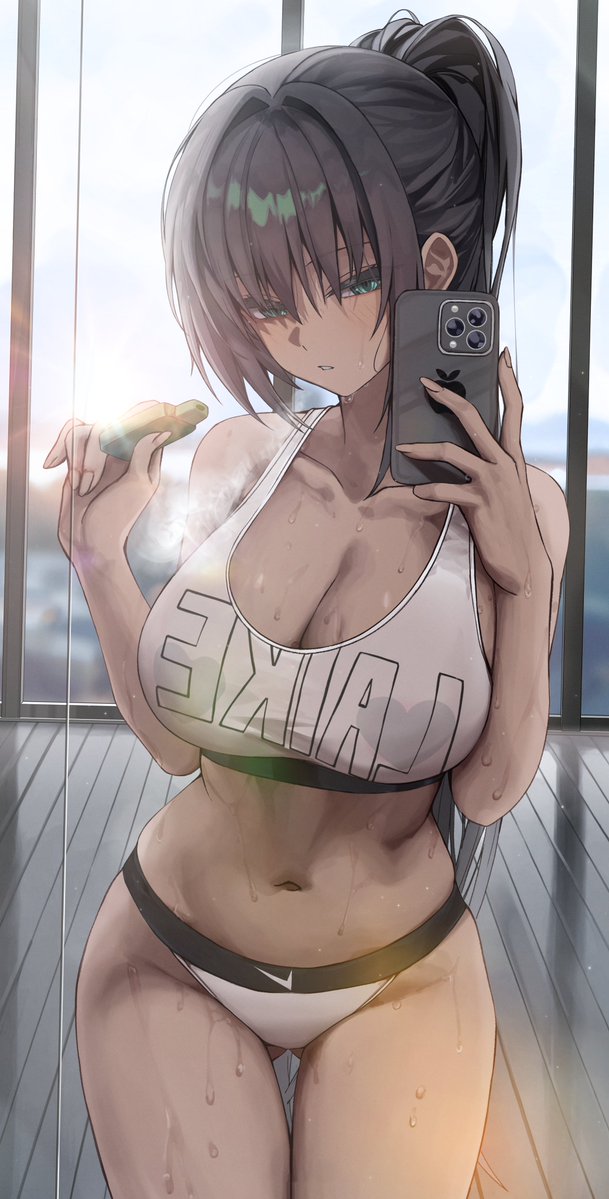 1girls after_workout big_breasts black_hair breasts cleavage dark-skinned_female detailed_background green_eyes gwan-e half-closed_eyes iphone looking_at_viewer mirror navel nike original original_character panties phone ponytail selfie skindentation solo solo_female sports_bra sportswear suiryoku_sana sweat sweatdrop wet wet_body