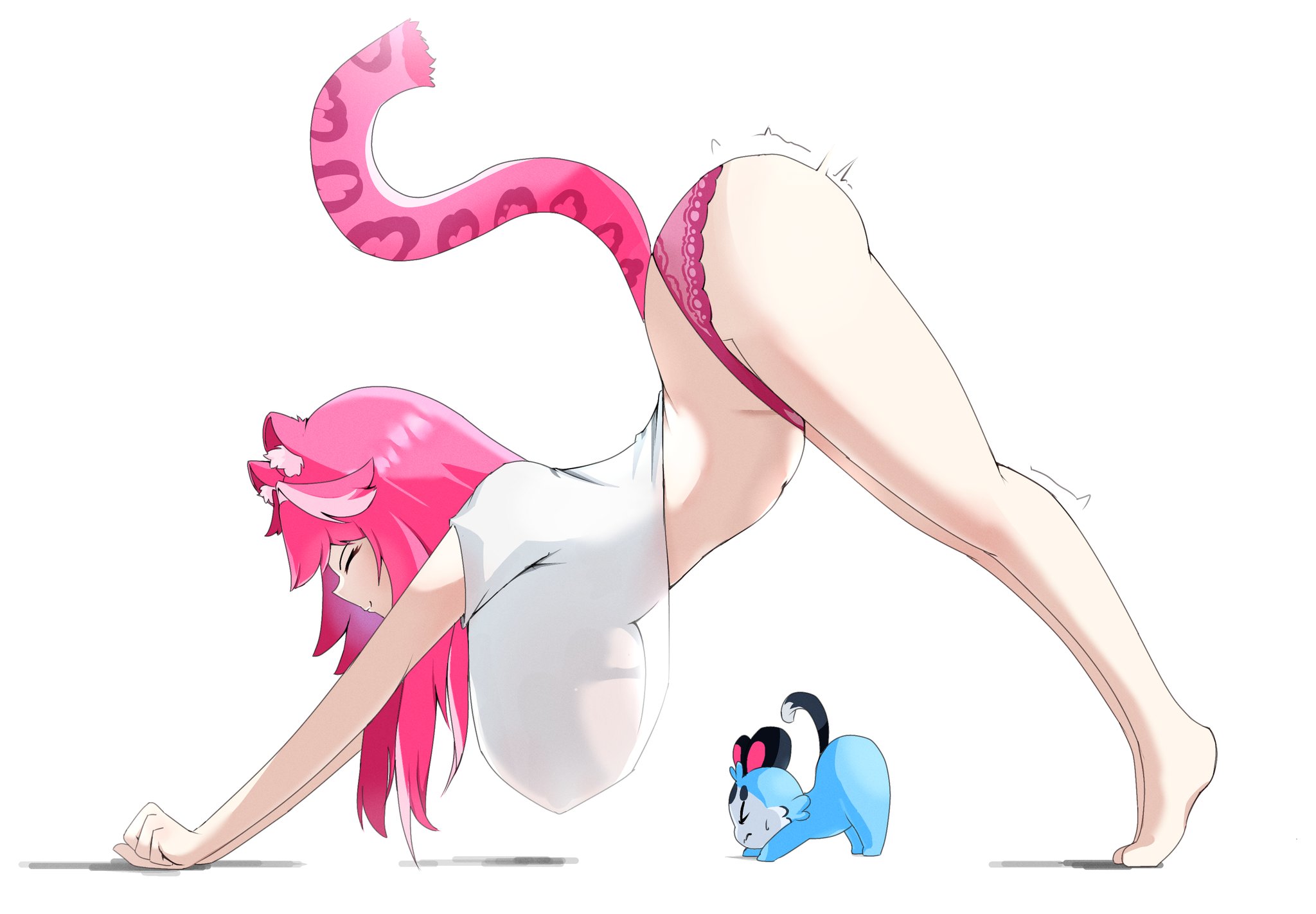 1girls, ass, barefoot, braless, breasts, breasts visible through clothing, chattino (raora panthera), deevious deevi, downward dog, eyes closed, fan mascot (vtuber), female, hololive, hololive english, hololive english -justice-, huge ass, huge breasts, large ass, large breasts, light skin, light-skinned female, motion lines, panties, pink panties, raora panthera, shaded, shirt, simple background, stretching, tagme, tail, thick thighs, thighs, virtual youtuber, white shirt, yoga, yoruichi stretch