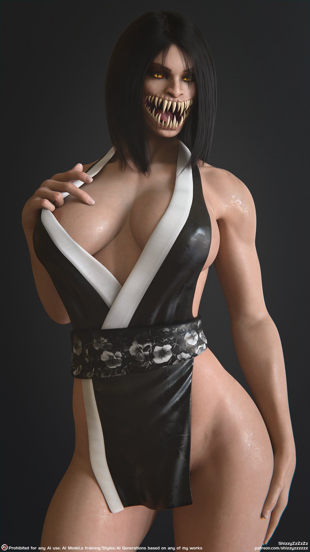 1girls 3d athletic_female big_breasts black_hair looking_at_viewer mileena mileena_(mk9) mortal_kombat mortal_kombat_(2011) sharp_teeth shizzyzzzzzz tarkatan