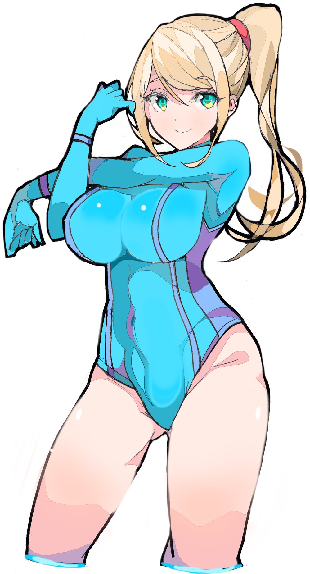 1girls, ass, bangs, blonde hair, blue eyes, bodysuit, bottomless, breasts, enpe, eyebrows visible through hair, female, female only, gloves, huge ass, human, large breasts, leotard, light blue eyes, looking at viewer, metroid, mole, mole under mouth, nintendo, ponytail, samus aran, sidelocks, solo, standing, thighs, white background, zero suit, zero suit samus