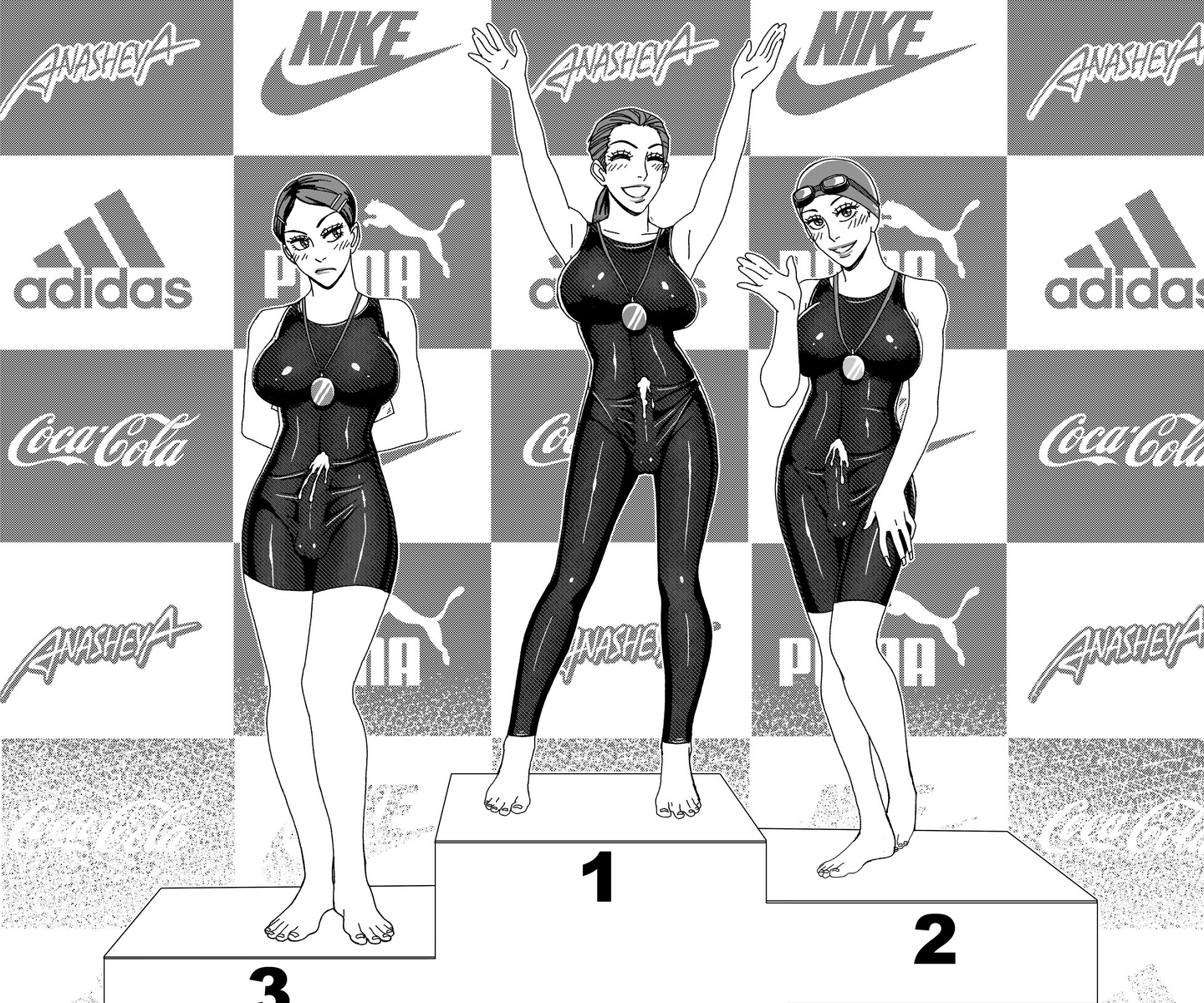 3futas, anasheya, balls, balls in panties, barefoot, blush, breasts, cameltail, cum, cum drip, cum through clothes, cumshot, curvy, erection, erection under clothes, feet, futa only, futa with futa, futanari, grin, hands-free, intersex, large breasts, large penis, medal, monochrome, panties, panty bulge, penis, penis in panties, penis under clothes, podium, ponytail, short hair, smile, standing, swimsuit, tied hair, tight clothes