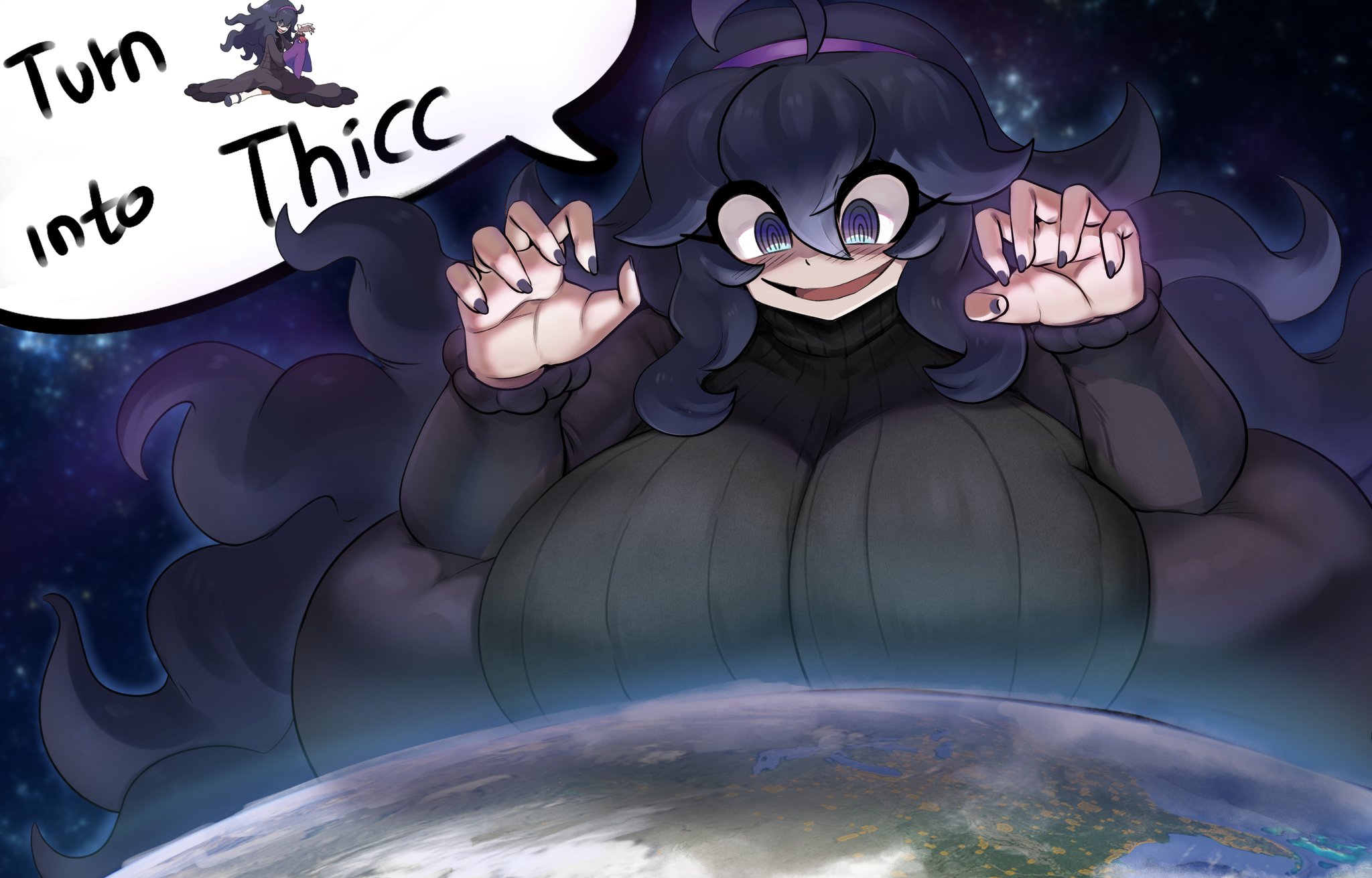 1girls, earth, female, game freak, giantess, gipehtyboon, hex maniac, huge breasts, nintendo, planetary macro, pokemon, pokemon xy, tagme, text, voluptuous, yboon