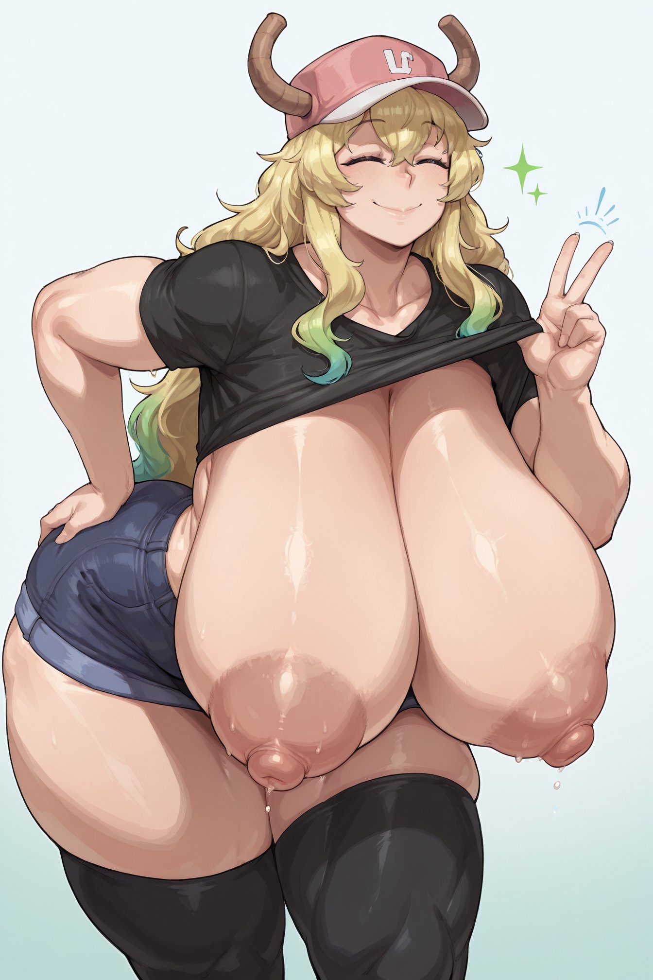 ai generated, areolae, bare thighs, big ass, big butt, blonde hair, breasts, breasts out, closed eyes, exposed breasts, fat ass, female, gigantic ass, gigantic breasts, horn, horns, huge areolae, huge breasts, huge nipples, huge thighs, kobayashi-san chi no maidragon, light skin, light-skinned female, long hair, lucoa, massive ass, massive breasts, mature female, milf, miss kobayashi's dragon maid, multicolored hair, nipples, oiled body, oiled skin, peace sign, puffy nipples, quetzalcoatl (dragon maid), sagging breasts, short shorts, smiling, solo female, squatting, stockings, sweat, sweatdrop, t-shirt, the milk man, thick body, thick female, thick thighs, thighs, voluptuous, voluptuous female