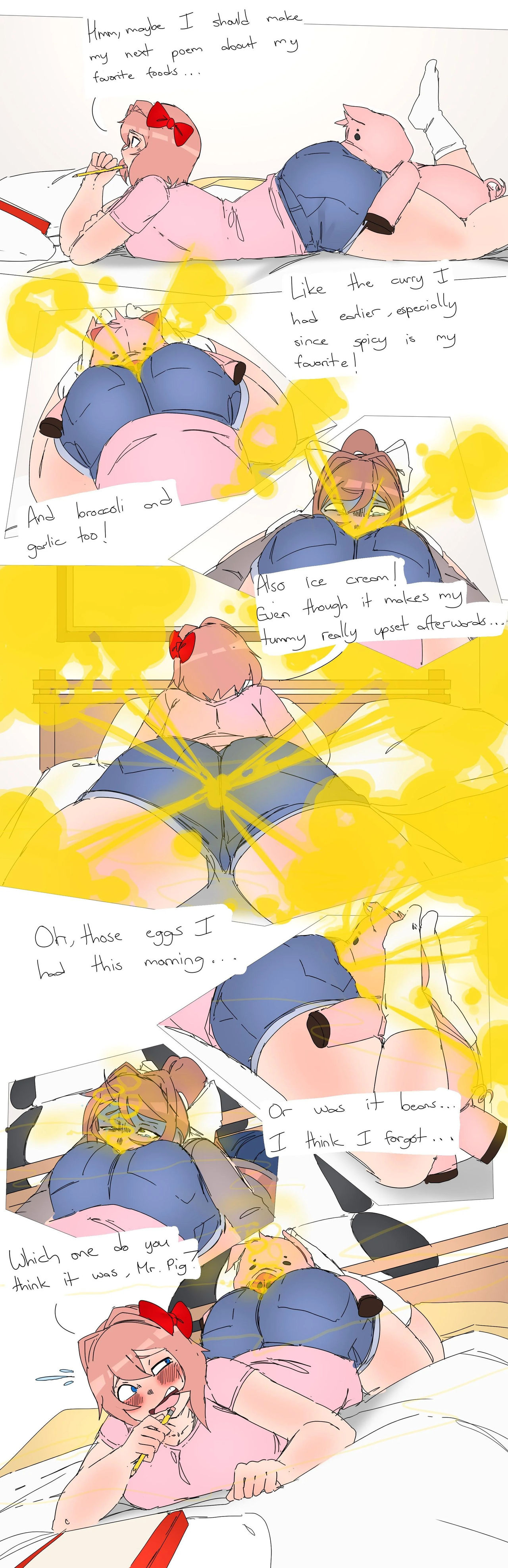 2d, accidental circumstance, ass, blush, comic, dialogue, ditzy, doki doki literature club, fart, fart fetish, farting on face, farting on object, fat ass, female, gassy, lazei, lingering stench, monika (doki doki literature club), sayori (doki doki literature club), stinky, text, transformation, unaware, yuri