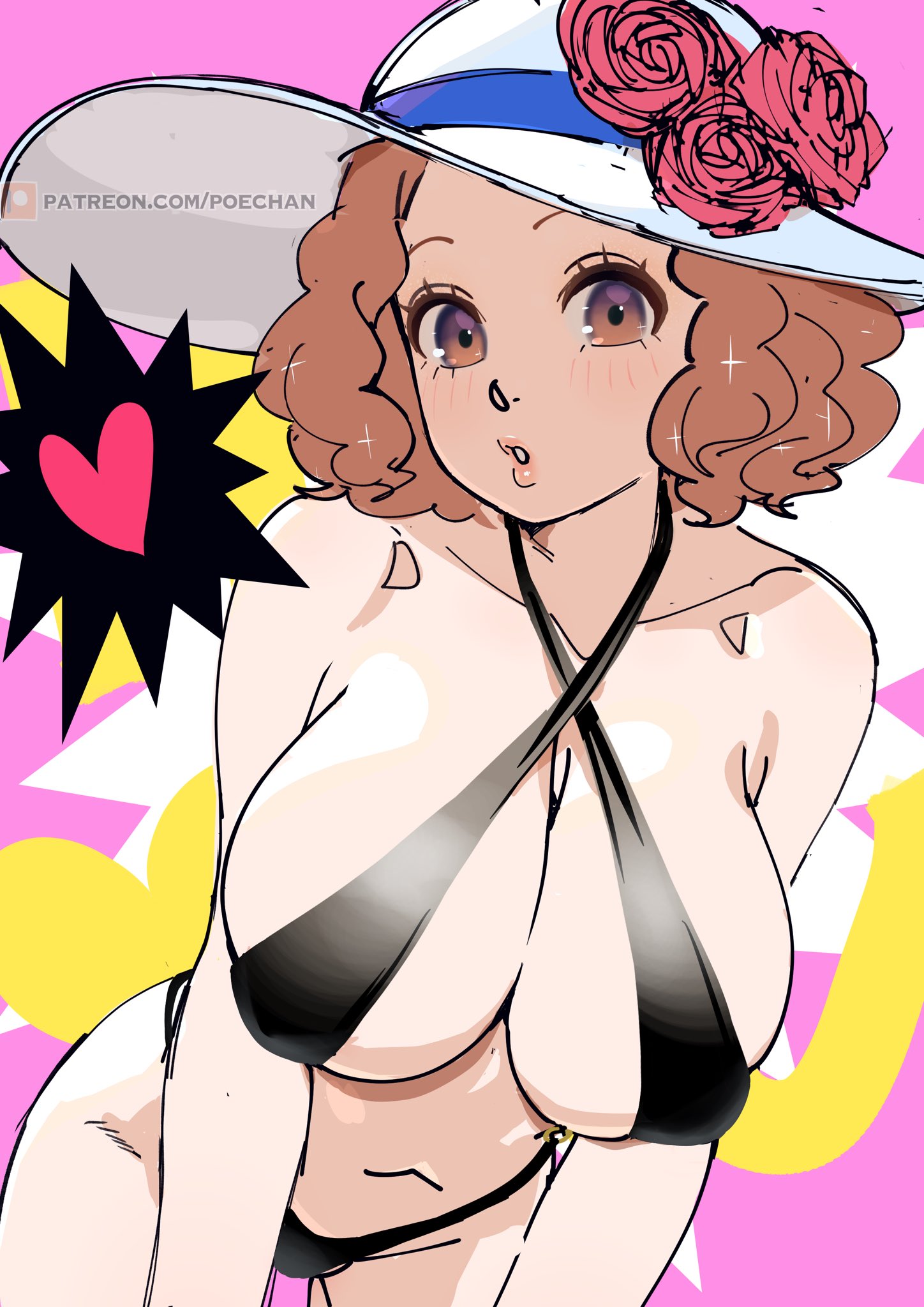1girls, bent over, big breasts, bikini, blush, breasts, brown eyes, brown hair, criss-cross halter, female, female only, flower, halterneck, hanging breasts, haru okumura, hat, hat flower, hat ribbon, heart, highres, large breasts, looking at viewer, medium hair, navel, persona, persona 5, pink background, poechan, ribbon, sparkle, string bikini, sun hat, swimsuit