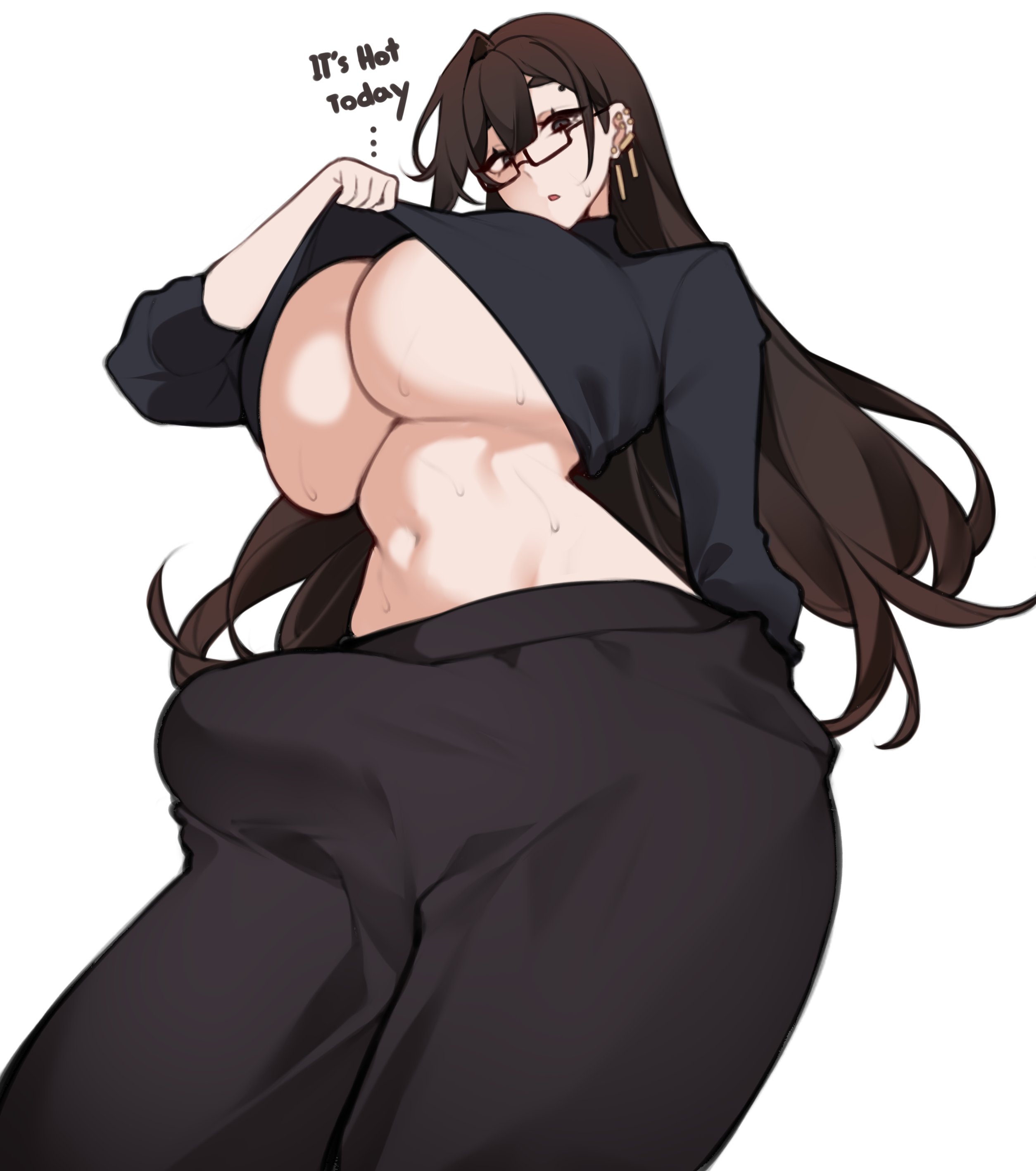 1futa, balls, big boobs, big breasts, big penis, black clothing, boner, boner in pants, boner under clothes, boobs, breasts, brown hair, bulge, bulge through clothing, clothed, clothing, earrings, english text, erection, erection under clothes, erection under clothing, exposed midriff, futa only, futanari, glasses, huge boobs, huge breasts, huge cock, human, intersex, large boobs, large breasts, light skin, light-skinned futa, low-angle view, mostly clothed, niwada (unbeller), original, original character, penis, penis outline, solo, standing, sweat, tenting, unbeller, underboob