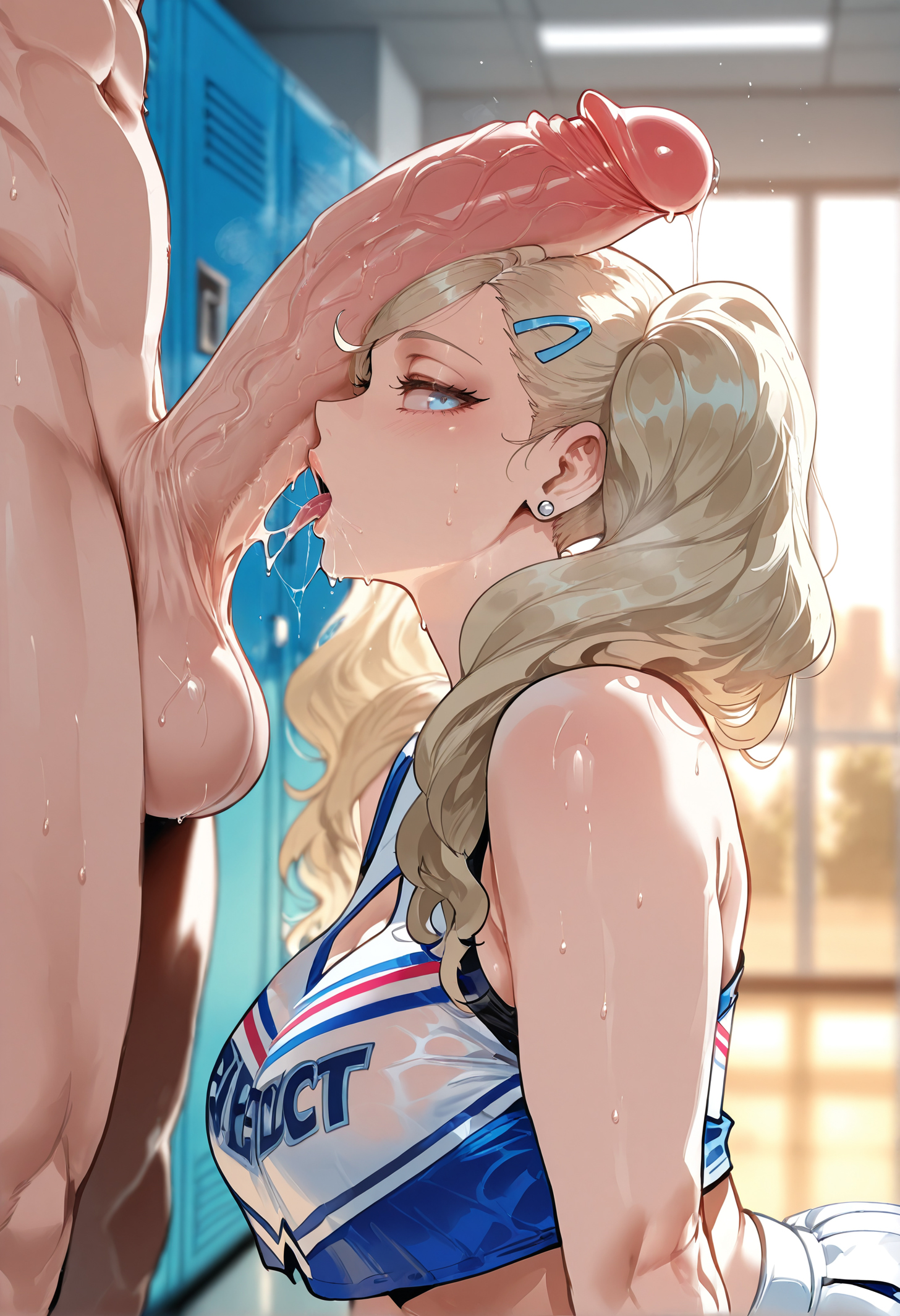 1boy, 1girls, ai generated, ann takamaki, balls, bare shoulders, blonde hair, blue eyes, blush, breasts, cheerleader, clothed female nude male, clothing, crop top, crop top overhang, curvaceous, curvaceous female, curvaceous figure, curvy, curvy figure, dripping, earrings, erection, exhibitionism, fellatio, female, female focus, hair ornament, hairclip, huge cock, indoors, jewelry, large breasts, large penis, licking, licking penis, locker, locker room, long hair, looking at viewer, male, midriff, miyuai, nude, open mouth, oral, penis, penis on face, persona, persona 5, precum, saliva, saliva trail, skirt, solo focus, sports bra, straight, stud earrings, sweat, testicles, tongue, tongue out, twintails, veins, veiny penis, voluptuous, voluptuous female
