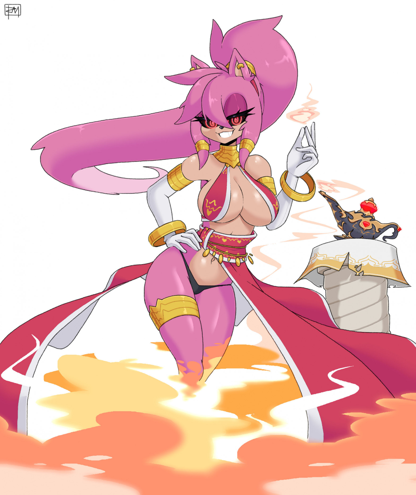 1girls, 2024, 2d, amy rose, animal ears, belly dancer, belly dancer outfit, big breasts, black panties, breasts, cleavage, clothed, clothes, clothing, color, colored, commission, corrupted, corruption, digital media (artwork), female, female focus, female only, fire, fire magic, front view, full body, genie, genie girl, genie lamp, hand on hip, hedgehog, hedgehog girl, hi res, highres, hornedram, hypnosis, hypnotic eyes, jewelry, large breasts, long hair, looking at viewer, magic, magic user, mobian (species), panties, pink hair, pink hair female, robes, sega, solo, solo female, solo focus, sonic (series), sonic and the secret rings, sonic the hedgehog (series), swirly eyes, thick thighs, thighs, voluptuous, voluptuous female, white background, wide hips