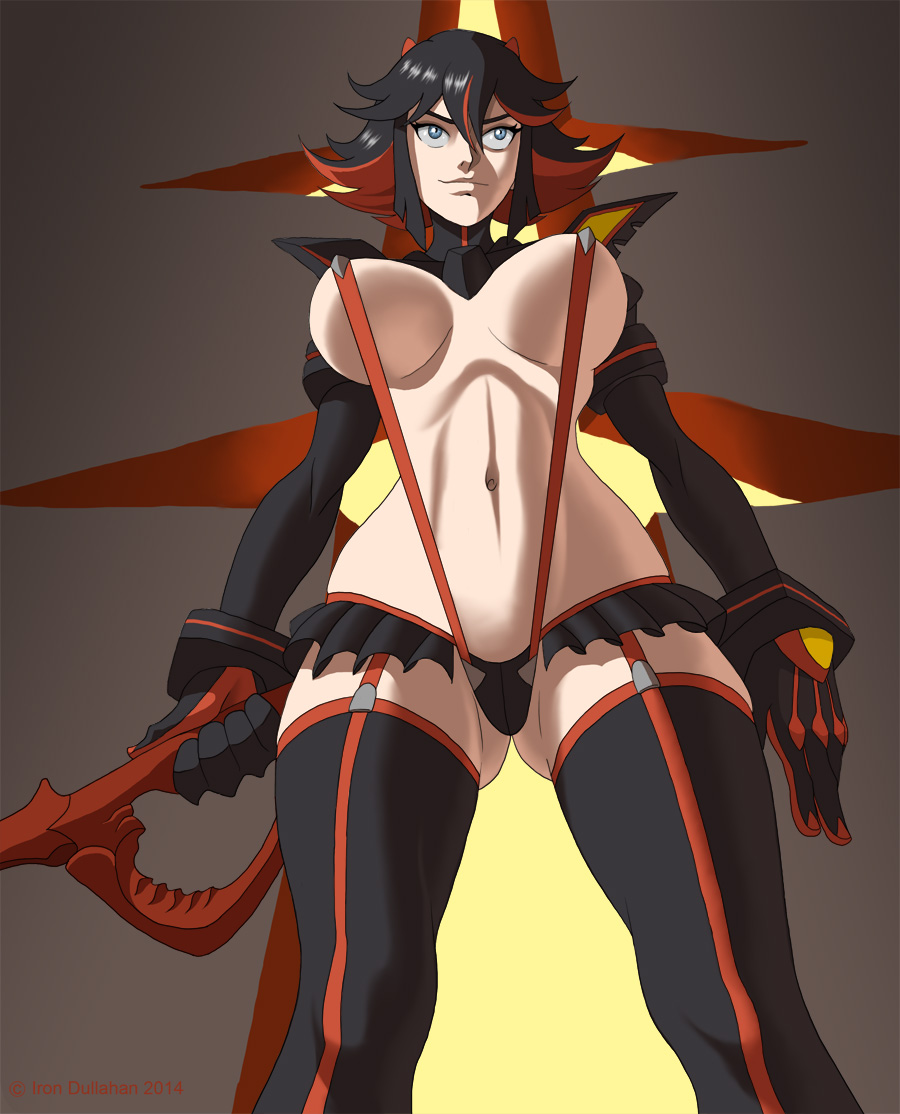 1girls, 2014, black hair, blue eyes, breasts, female, garter straps, gloves, hourglass figure, iron-dullahan, kill la kill, matoi ryuuko, midriff, navel, scissor blade, senketsu, short hair, skirt, sling bikini, smile, solo, standing, suspenders, thigh boots, thong, two-tone hair, underboob, weapon