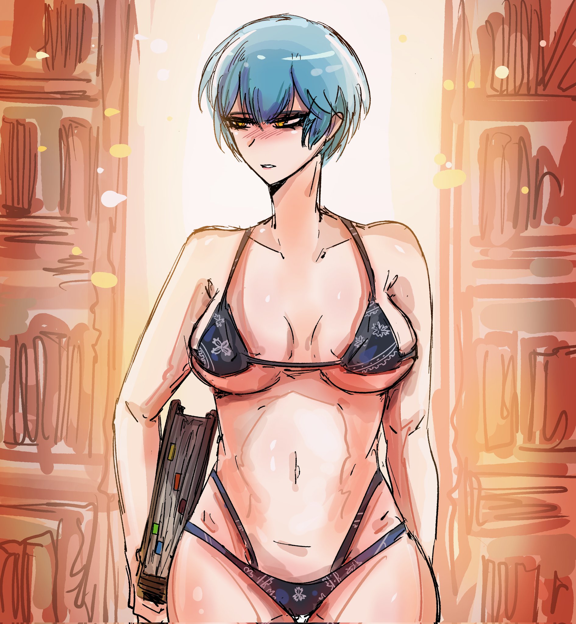 1girls, angela (library of ruina), angela (lobotomy corporation), arczaeon, bikini, book, breasts, cowboy shot, female, female only, large breasts, library, library of ruina, lobotomy corporation, medium breasts, project moon, solo, undersized breast cup, undersized clothes