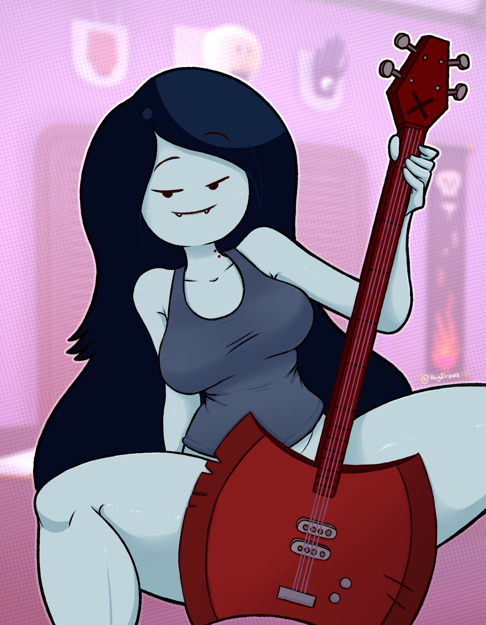 adventure time, bite mark on neck, bite marks, black hair, bottomless, cartoon network, convenient censoring, drawsoyeah, fangs, female, guitar, half-closed eyes, heyloodsdraws, looking at viewer, marceline, musical instrument, pale skin, tank top, vampire, warner brothers
