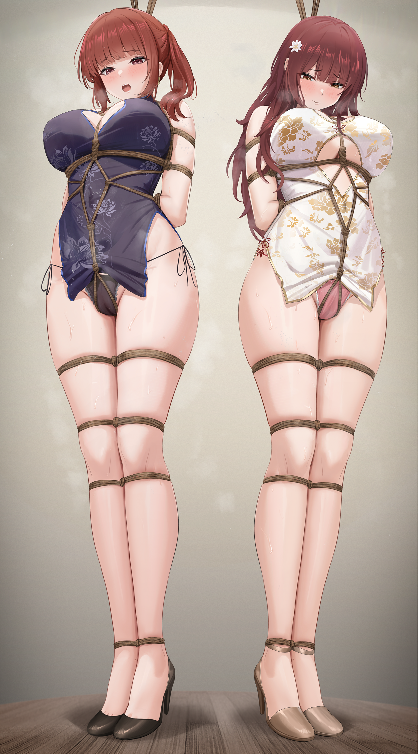 2girls, absurdres, arms behind back, between breasts, black panties, blunt bangs, blush, bondage, border, bound, bound ankles, bound arms, bound breasts, bound legs, bound torso, bound wrists, breast bondage, breasts, brown hair, cbmus, china dress, chinese clothes, cleavage, cleft of venus, clothes lift, clothing cutout, copyright request, crotch rope, dress, dress lift, embarrassed, fading border, female, female focus, floral print, floral print dress, flower, flower on head, frilled panties, frills, full body, hair between eyes, hair flower, hair ornament, high heels, highres, lace, lace trim, lace-trimmed panties, large breasts, legs together, long hair, long legs, looking ahead, looking down, looking to the side, multiple females, multiple girls, open mouth, original, panties, pelvic curtain, pink panties, red hair, restrained, revealing clothes, rope, see-through clothes, see-through panties, shibari over clothes, shoes, side slit, side-tie panties, sidelocks, skindentation, string panties, sweat, sweatdrop, swept bangs, thighs, twintails, underboob, underboob cutout, underwear, very long hair, wooden floor