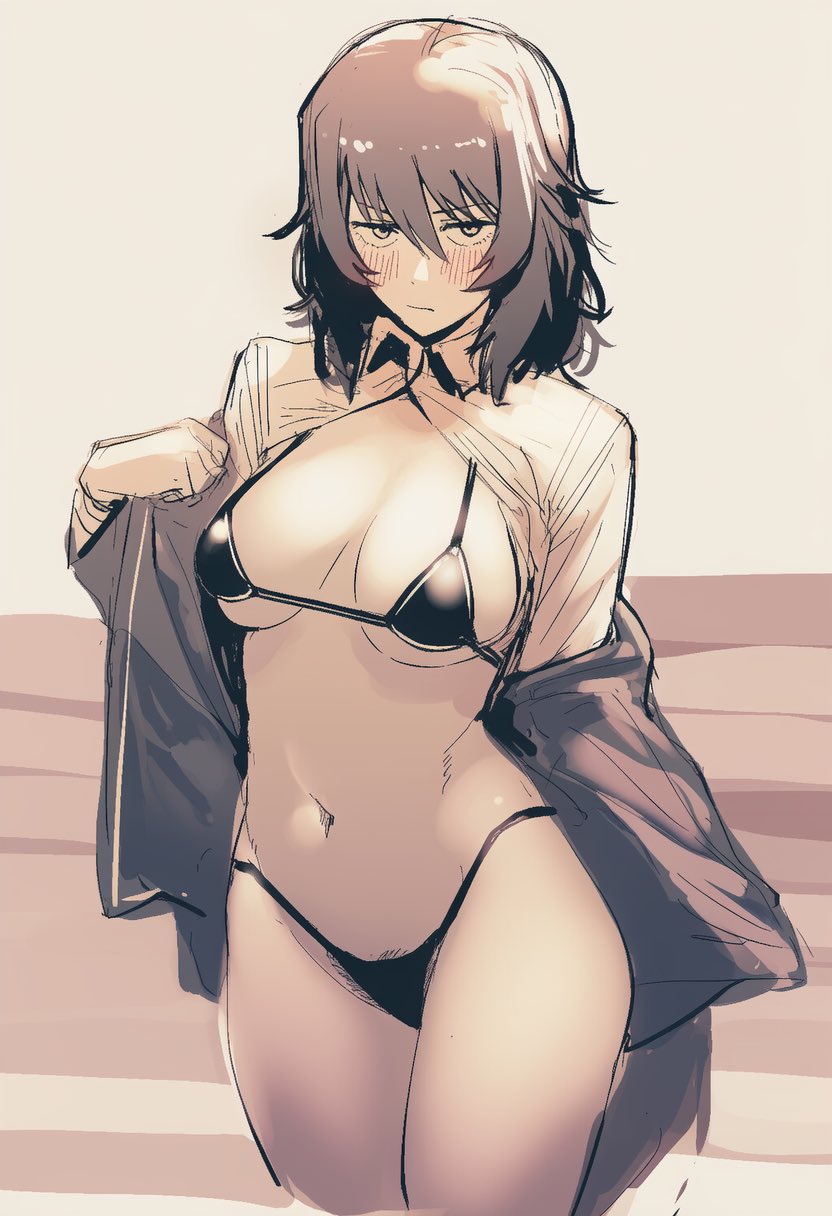 1girls, ai generated, andou (girls und panzer), bikini, brown hair, brunette hair, female, girls und panzer, kobayashi3biker, looking at viewer, pubic hair, pubic hair peek, tagme, tanned, tanned body, tanned female, tanned skin, tomboy, unbuttoned, unbuttoned shirt, undressing