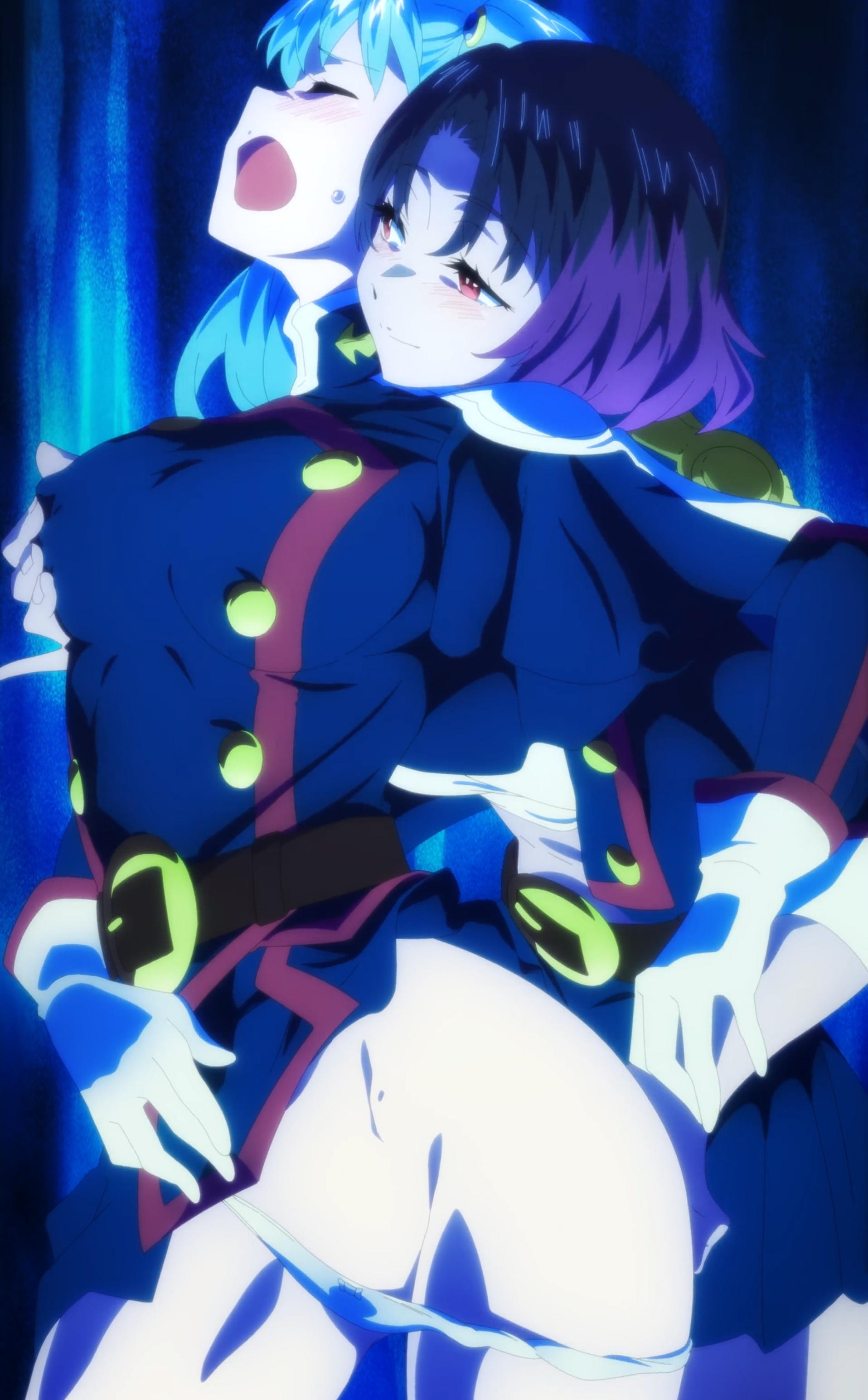 2girls, bell tsukiyono, blue hair, blush, breasts, chained soldier, closed eyes, clothing, gloves, hips, mato seihei no slave, medium breasts, nipples, open mouth, panties, purple hair, red eyes, screencap, shaved crotch, skirt, stitched, sweatdrop, thighs, yakumo ezo, yuri
