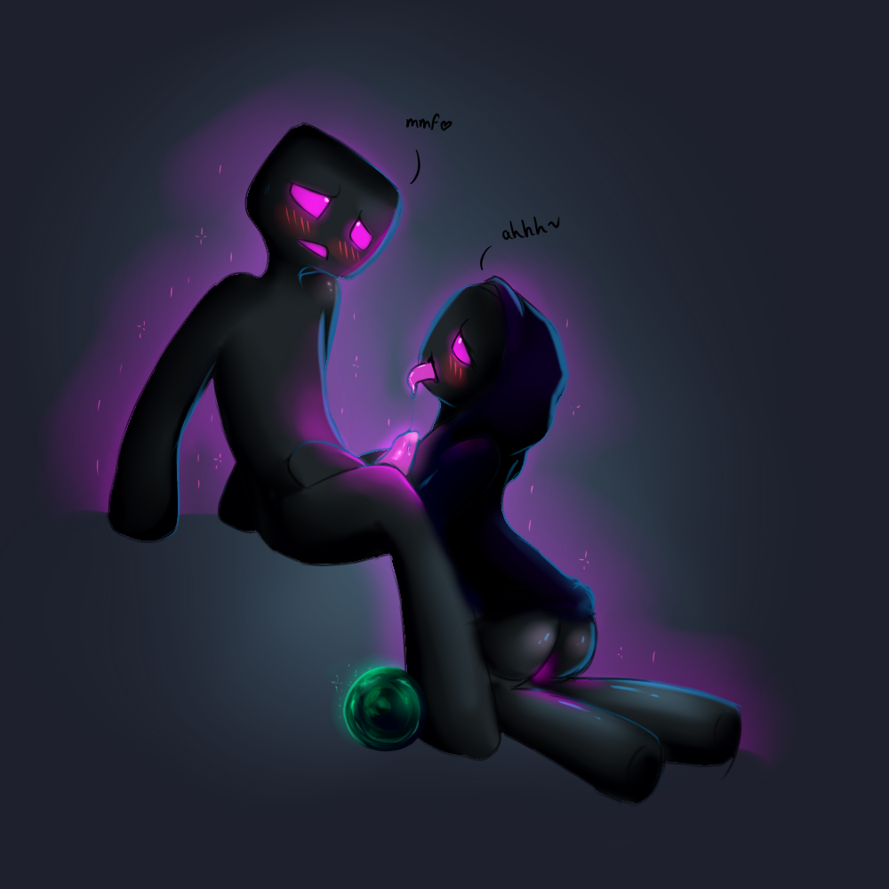 1boy 1girls ahe_gao blush clothing duo ender_pearl enderman enderwoman erection female glowing glowing_eyes glowing_penis grey_background hoodie humanoid humanoid_on_humanoid kneeling licking male minecraft particles penis saliva saliva_string serenityscratch simple_background sitting straight text tongue tongue_out video_games