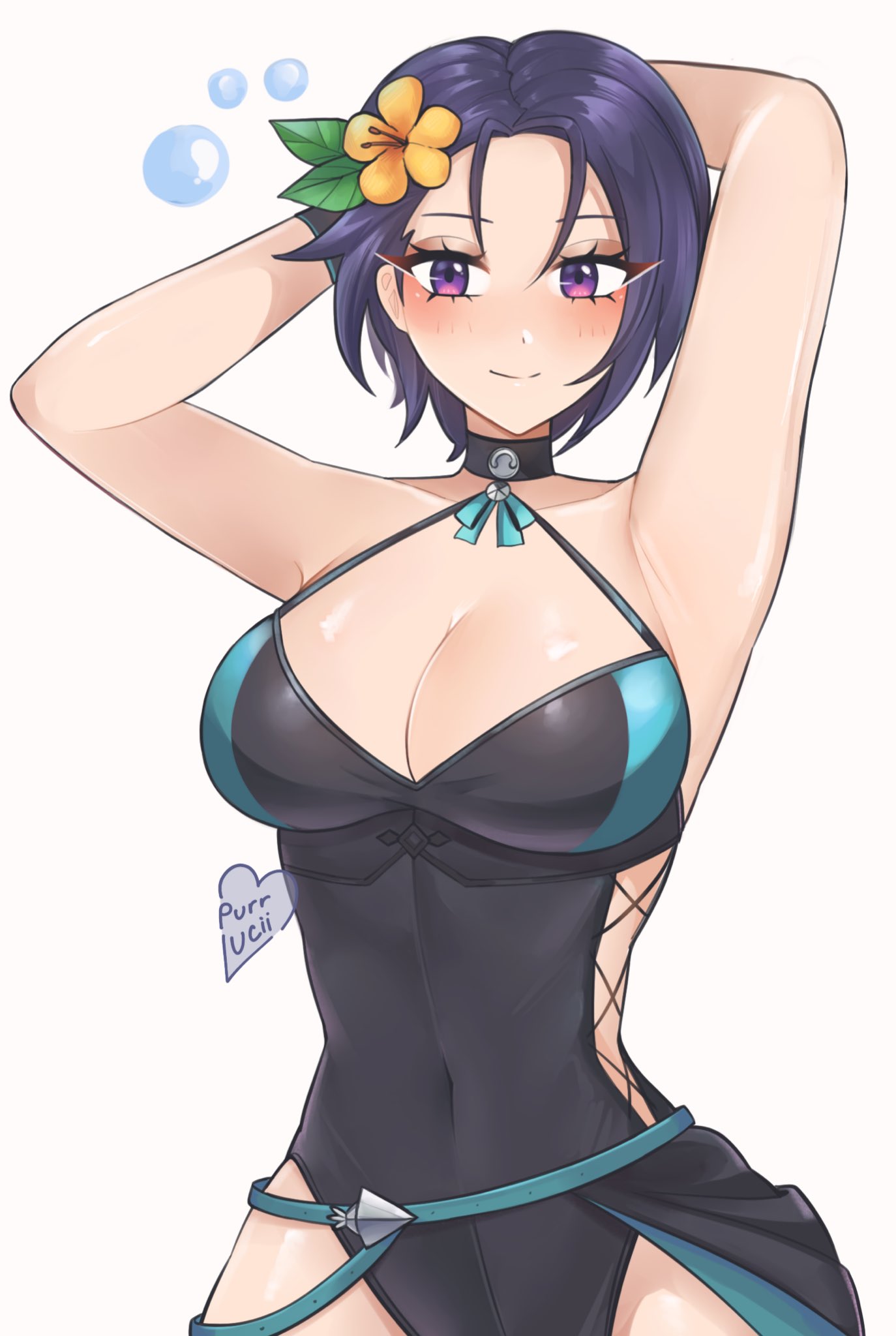 1girls artist_name big_breasts black_hair busty cleavage curvy fire_emblem fire_emblem:_three_houses light-skinned_female light_skin one_piece_swimsuit purple_eyes purrlucii shamir_nevrand shamir_nevrand_(summer) swimsuit white_background