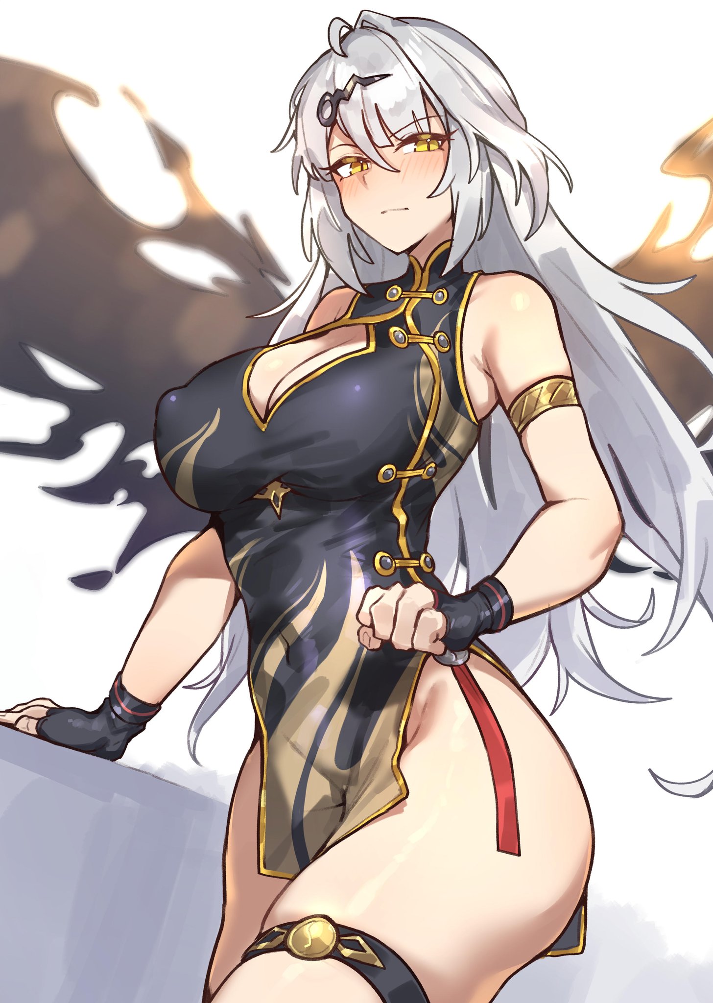 1girls, bare legs, blush, chinese clothes, cleavage, cleavage cutout, dress, female, female only, fingerless gloves, gloves, light skin, light-skinned female, long hair, looking at viewer, navel, navel visible through clothes, nipple bulge, qipao, radishkek, skindentation, sleeveless, thick thighs, very long hair, white hair, wings, yellow eyes, yixuan (zenless zone zero), yunkui summit, zenless zone zero