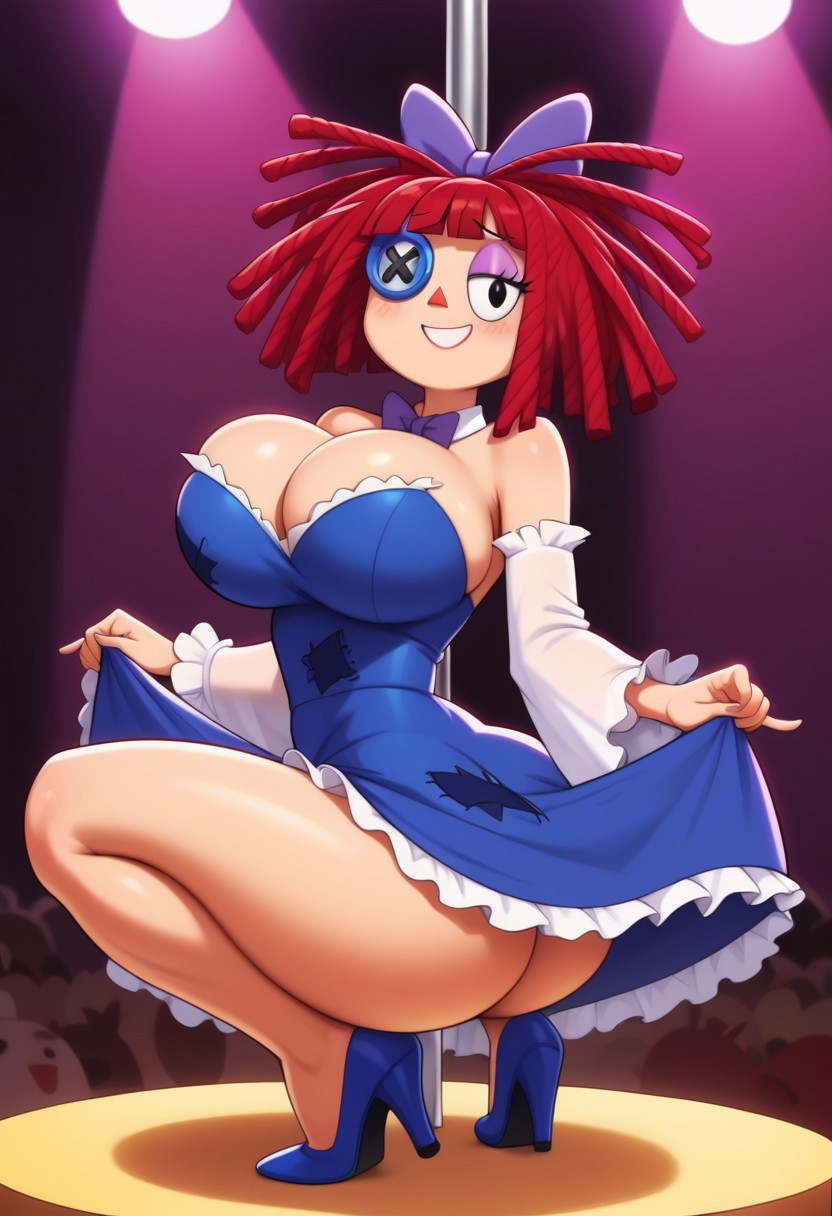 ai generated, ass, bewitching thighs, breasts, button eye, detached sleeves, dress, female, female focus, female only, glitch productions, gondor952, gooseworx, high heels, huge breasts, legs, living doll, pole dancing, ragatha (the amazing digital circus), red hair, the amazing digital circus, thick thighs