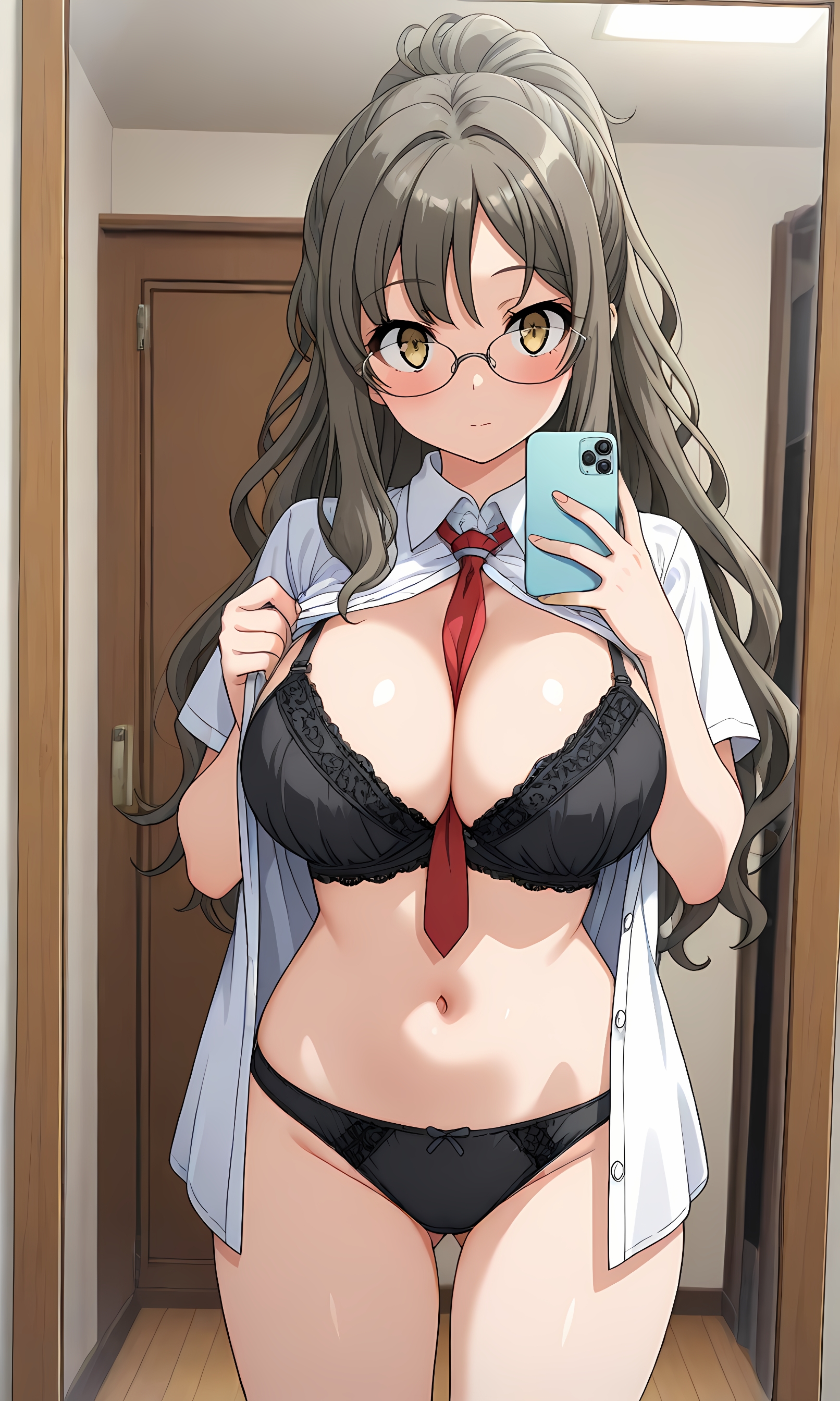 1girls, ai generated, black bra, black panties, bra, female, futaba rio, glasses, khngsts, mirror, mirror selfie, peace sign, seishun buta yarou wa bunny girl senpai no yume wo minai, selfie, v, yellow eyes