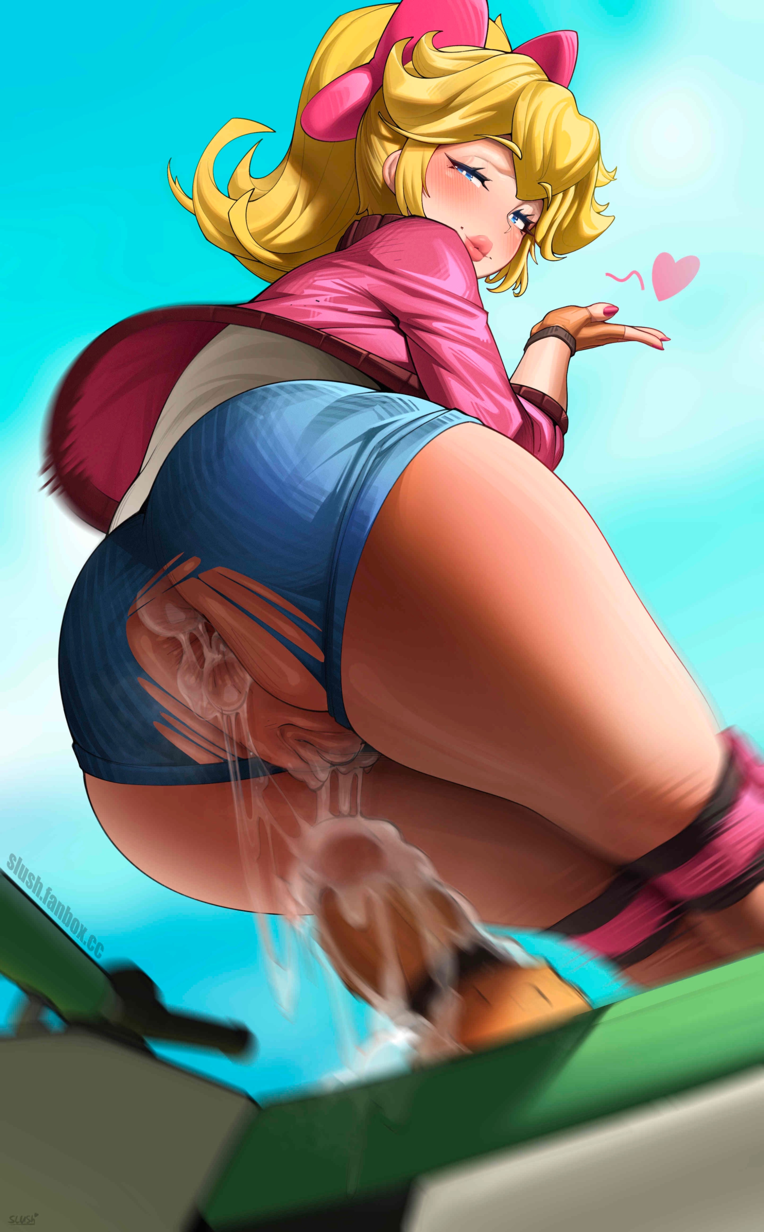 1girls, after anal, alternate hairstyle, anal, ass, big ass, blonde hair, blowing kiss, dildo, dildo bike, fat ass, female, female only, hair ribbon, looking at viewer, low-angle view, mario (series), mario kart, mario kart world, nail polish, official alternate costume, pink lipstick, pink nails, ponytail, princess peach, princess peach (touring), puckered lips, puffy anus, pussy, pussy juice, slush, voluptuous