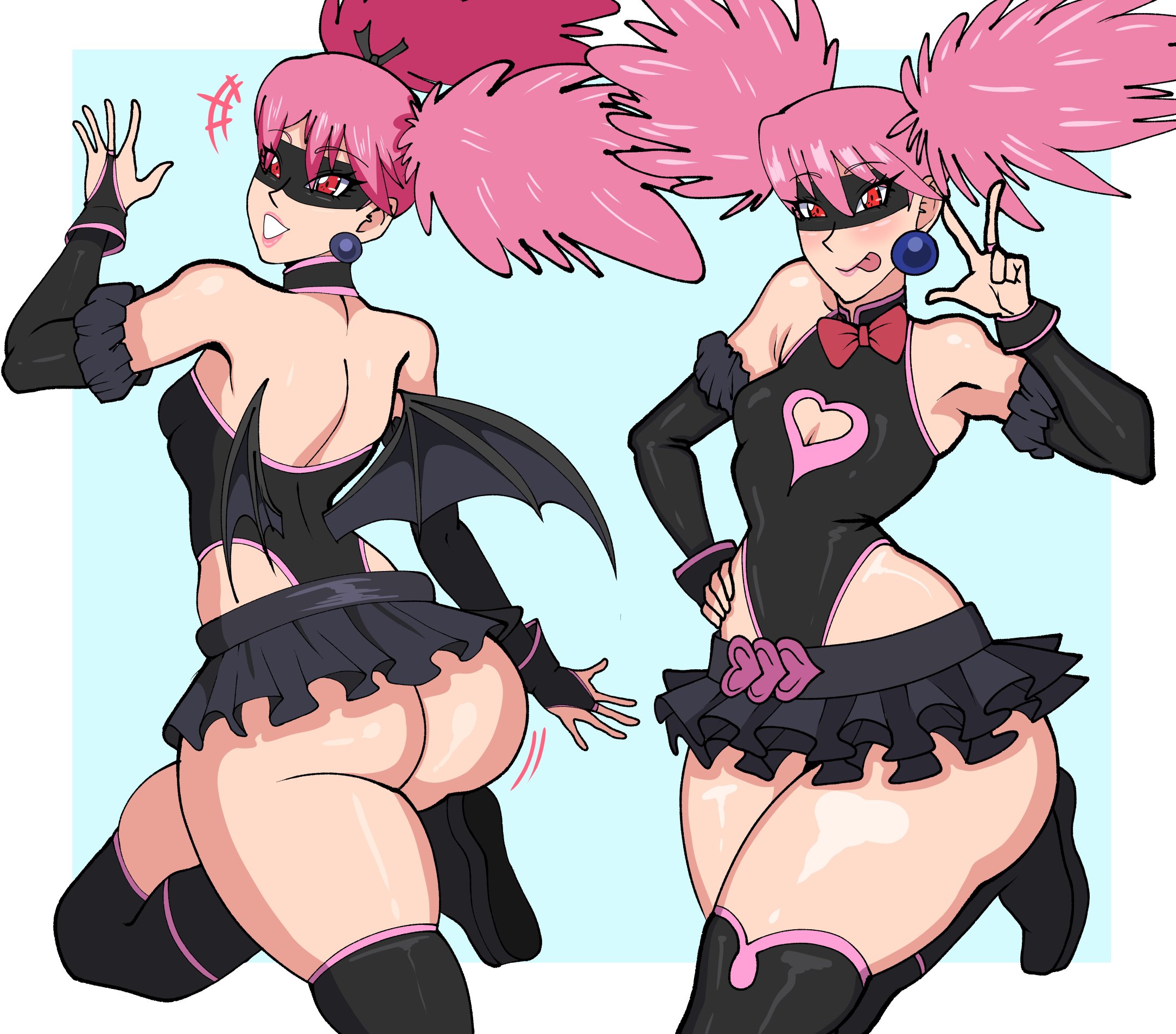 ass, bare shoulders, bottom heavy, breasts, bridal gauntlets, domino mask, earrings, female, from behind, haneyama kazuho, hero outfit (mha), huge ass, jewelry, jiggle, leotard, long hair, looking at viewer, mask, motion lines, my hero academia, pink hair, pop step, red eyes, shingattai, shiny, shiny hair, shiny skin, sideboob, skirt, small breasts, smile, solo, thick thighs, thighs, thong leotard, twintails, vigilante: my hero academia illegals