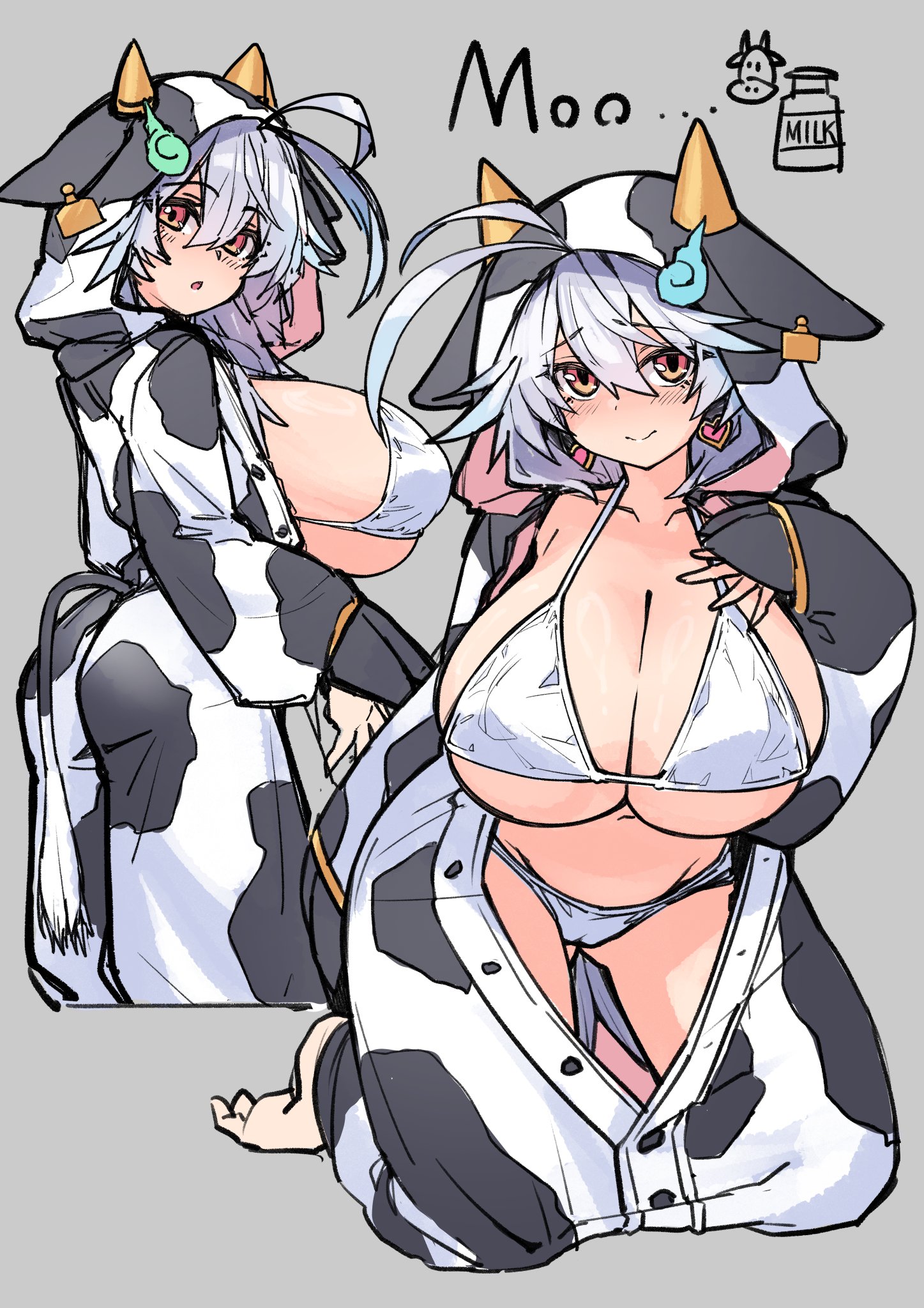 1girls, ass, big ass, big breasts, big thighs, bikini, breasts, cow onesie, cow print, cow tail, cowkini, cute, female, female only, gene (gear gene), ghost crystal (houseki hime), houseki hime, huge breasts, large ass, large breasts, onesie, orange eyes, panties, solo, tail, thick ass, voluptuous, white hair