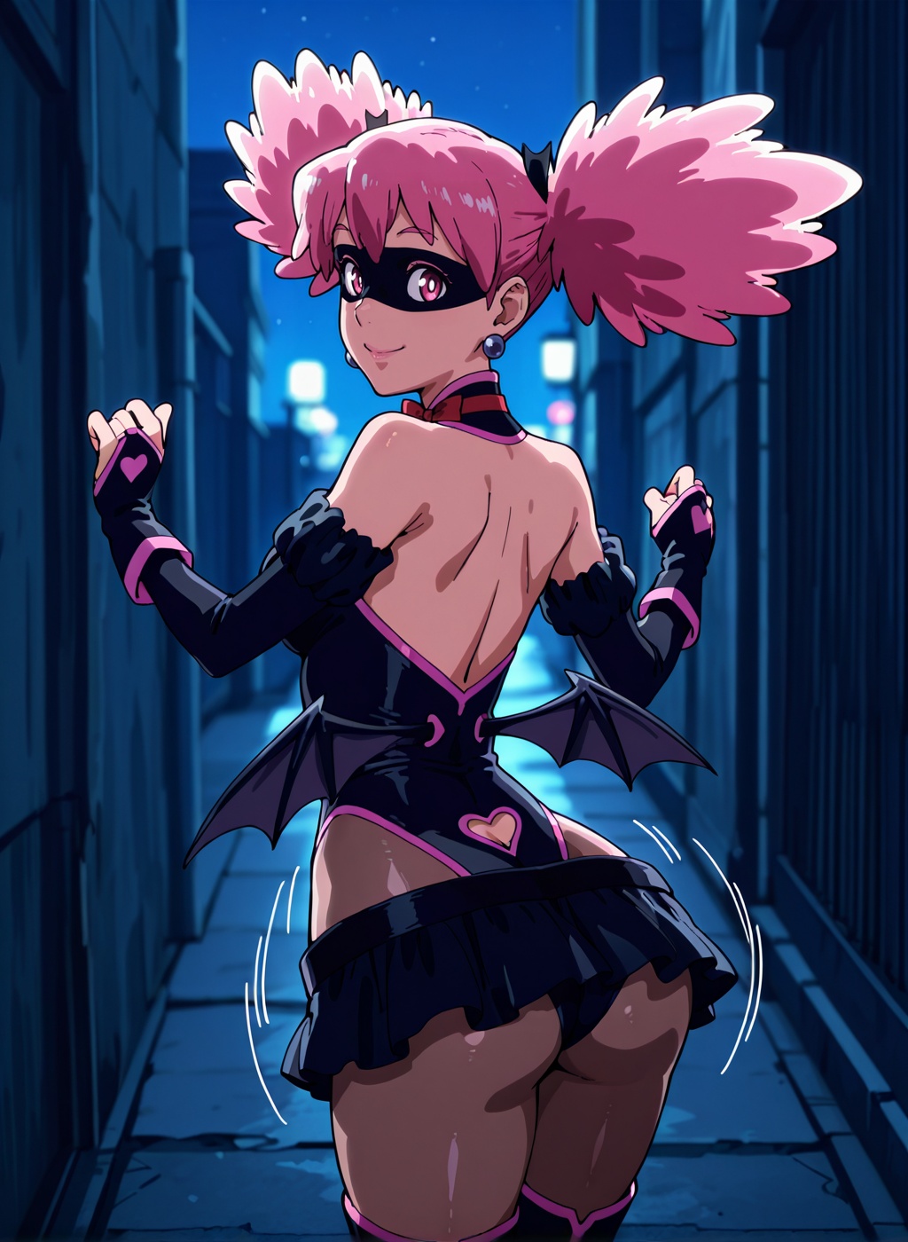 1girls, ai assisted, ai generated, boku no hero academia, female, female only, haneyama kazuho, hero outfit, light skin, light-skinned female, looking back, mask, my hero academia, pale skin, pale-skinned female, pink hair, pop step, thick thighs, thighs, twintails, vigilante: my hero academia illegals, wide hips, wide thighs