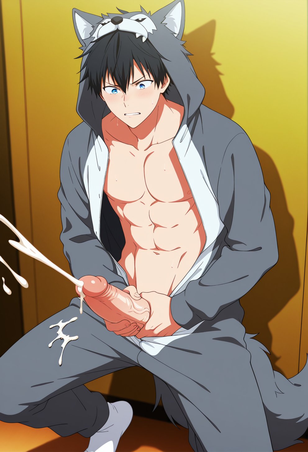 1boy, ai generated, bara, bodysuit open, cum, ejaculation, gay, given (anime), luka891223, male, male focus, male only, masturbation, penis, two-handed masturbation, uenoyama ritsuka (given), yaoi