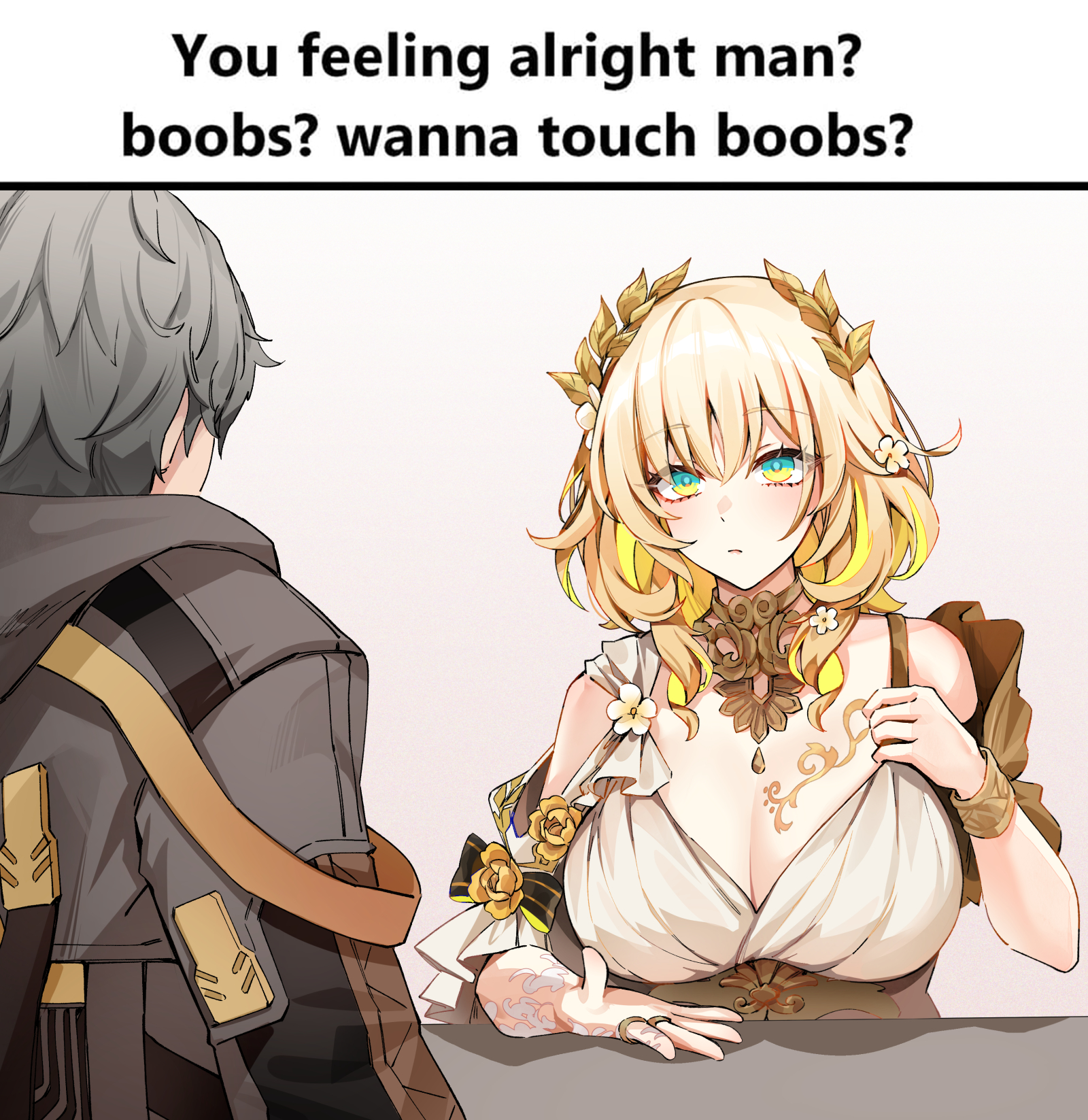 aglaea (honkai: star rail), big breasts, blonde hair, boobs? wanna touch boobs?, breast tattoo, breasts, caelus (honkai: star rail), english text, female, foxyreine, gradient eyes, head wreath, honkai (series), honkai: star rail, jewelry, meme, meme caption, meme reference, text, trailblazer (honkai: star rail), white background, yellow eyes