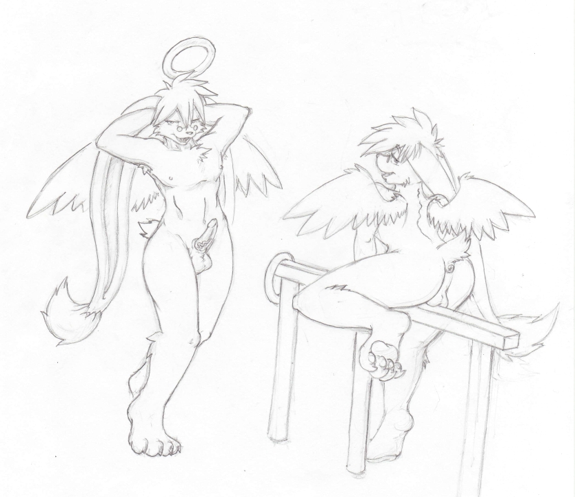 2009 angel anus arms_behind_head ass balls big_ears claws erection eyewear fur furry gay glasses hair halo looking_at_viewer male male_only nipples no_humans nude oonzucht packmind penis pinup plain_background pole pose showing_off sketch solo standing steele_ferrum toe_claws vein white_background wings yaoi