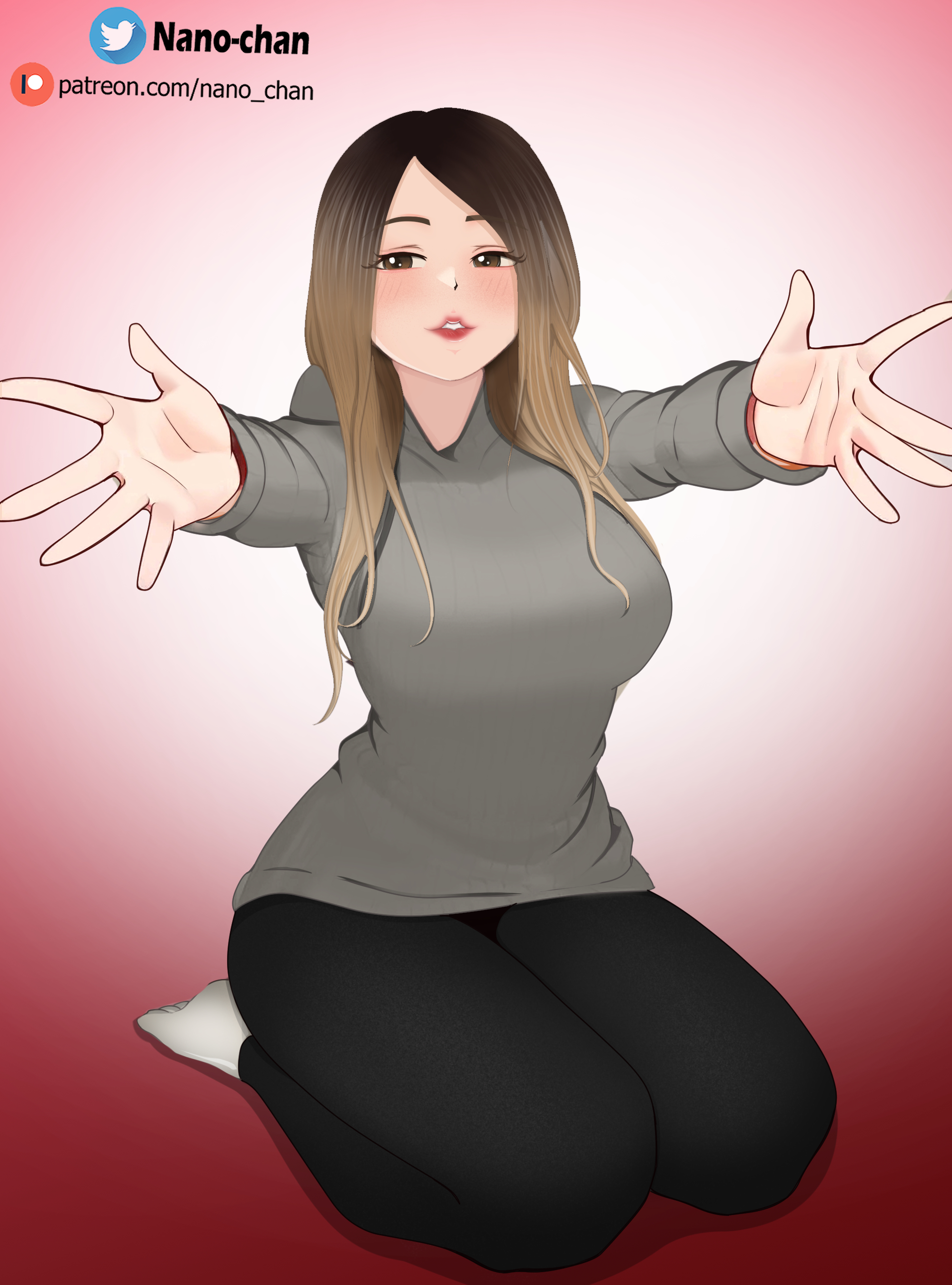 1girls, arms up, blonde hair, breasts, busty, clothed, embarrassed, female, female focus, highres, hourglass figure, hug invitation, internet celebrity, inviting, inviting to sex, long hair, nano-chan, pleasure face, pogchamp, rivers, smile, smiling at viewer, twitch, twitch streamer, wide hips, younger female, youtube, youtube hispanic, youtubers