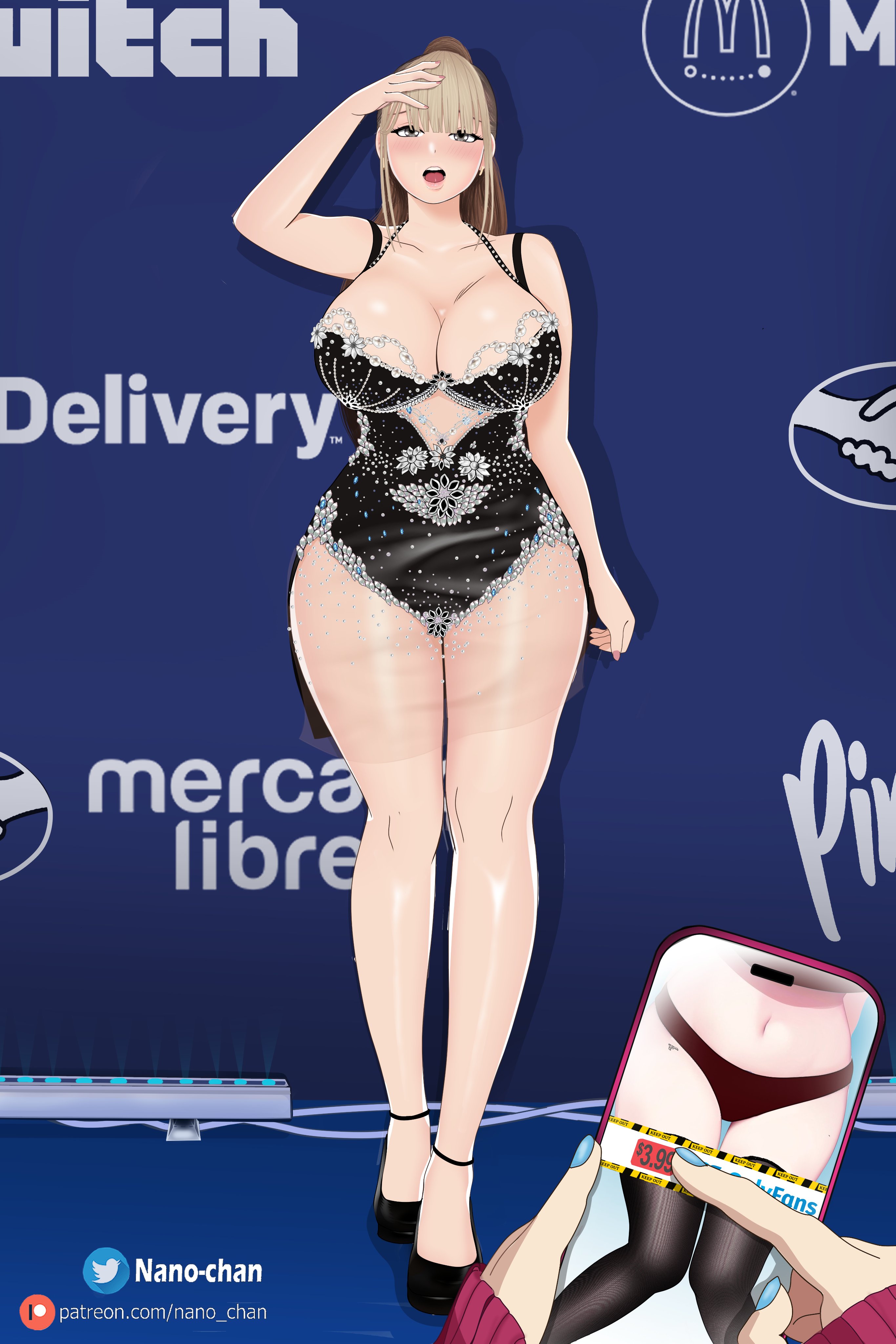 1girls, 3.99, arigameplays, blonde hair, breasts, breasts bigger than head, clothed sex, female, female focus, heels, highres, hourglass figure, lingerie, looking at viewer, male, male pov, nano-chan, phone, pleasure face, posing for picture, sexy, streamer, taking picture, thick thighs, twitch, voluptuous, voluptuous female, wide hips, youtube, youtube hispanic
