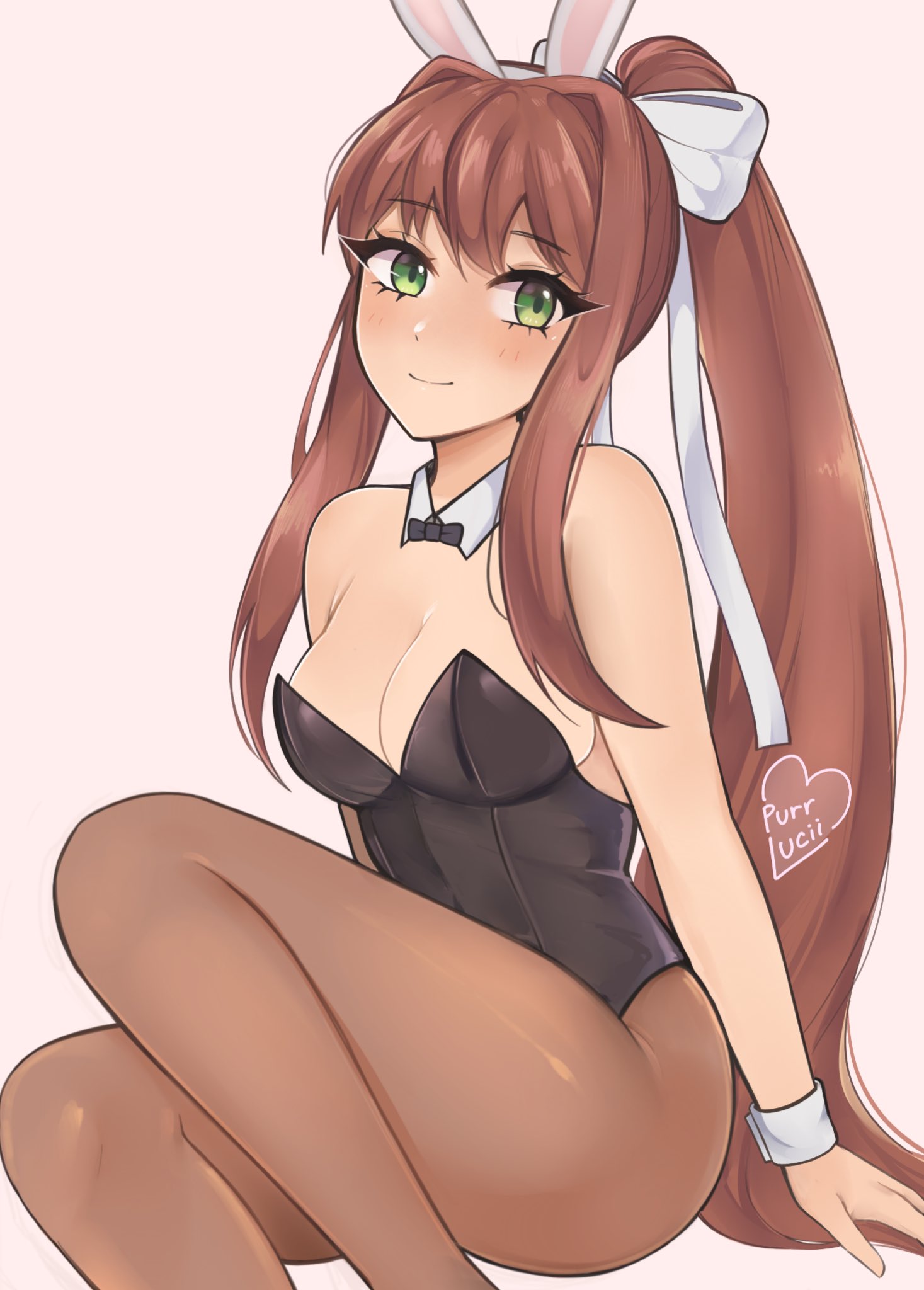 1girls, ass, big ass, big breasts, breasts, bunny costume, bunny ears, bunny girl, bunnysuit, doki doki literature club, female, female focus, female only, green eyes, light skin, long hair, monika (doki doki literature club), purrlucii, simple background, smile, solo, solo female, thighs