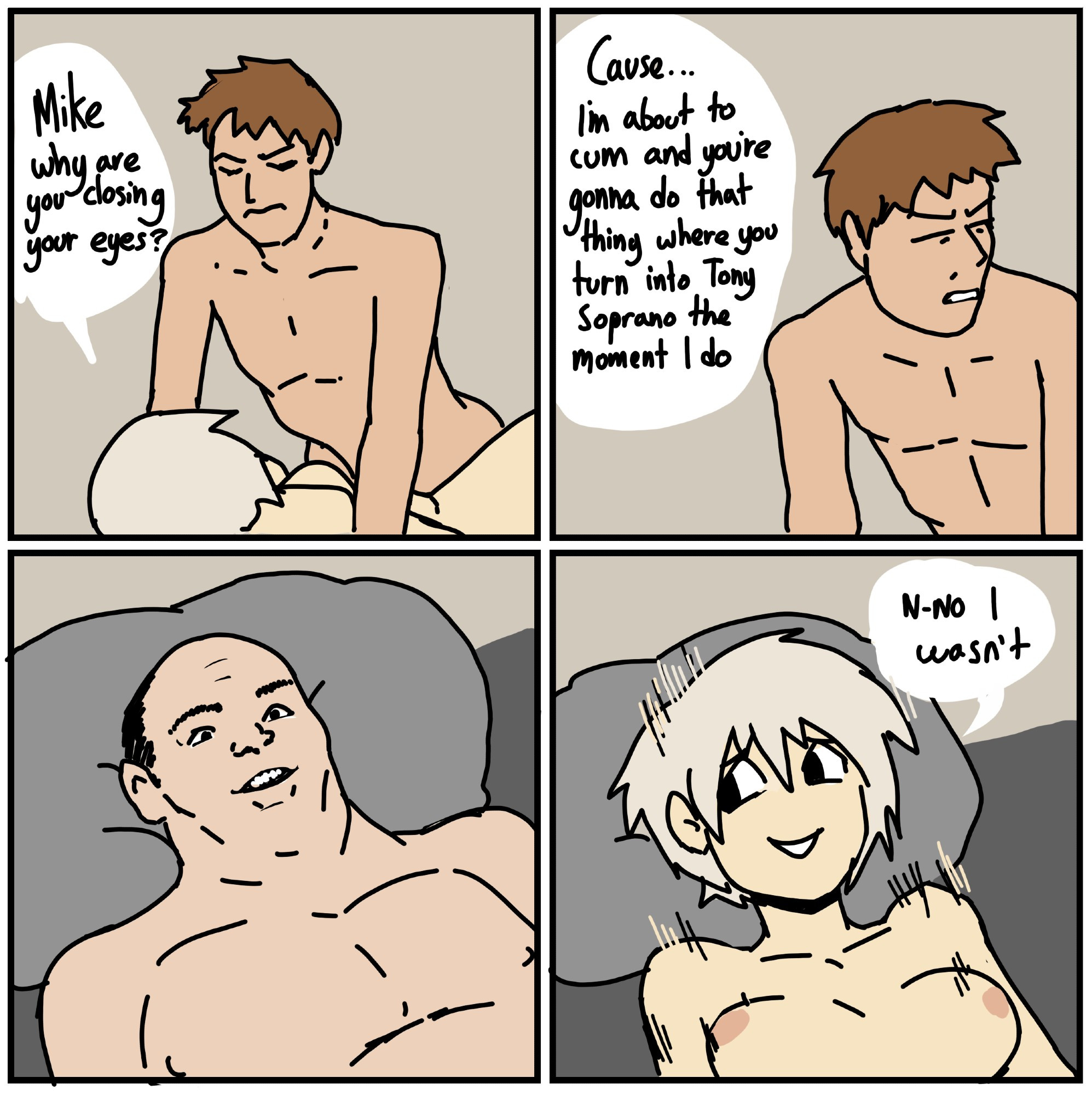 1boy, 1girls, 2025, 2boys, 2d, 2d (artwork), 2d artwork, 4 panel comic, anthony john "tony" soprano, anthony john soprano, breasts, comedy, comic, dialogue, faye artemis, female, flopping breasts, ftm transformation, gender transformation, humor, james john gandolfini, lemonfont, male, meme, mtf transformation, nude, nude female, nude male, original, original character, penetration, sex, shapeshifter, shapeshifting, shitpost, speech bubble, straight, stuttering, tagme, text, the sopranos, tony soprano, transformation