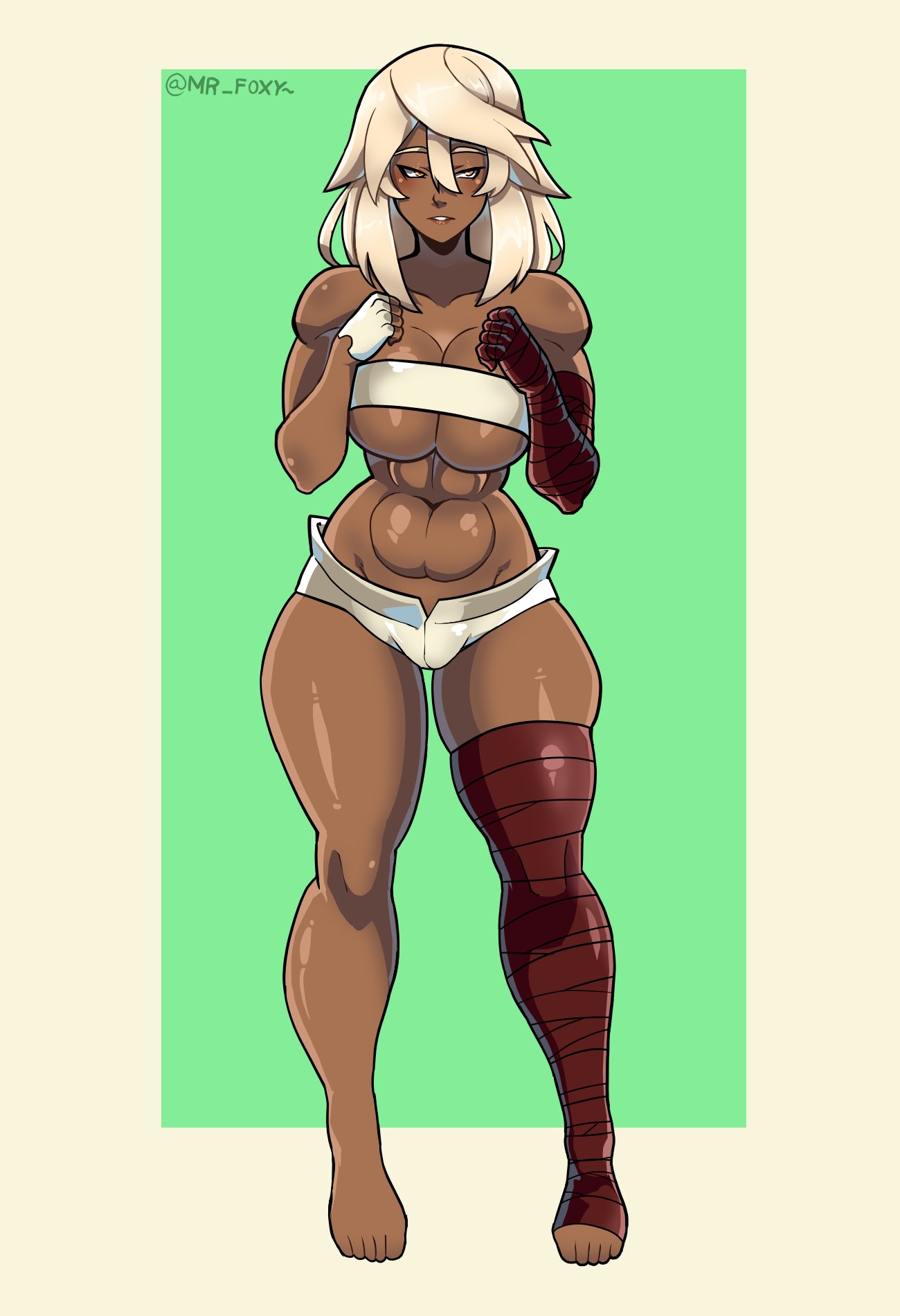 almost naked, almost nude, ass, barefeet, barefoot, big ass, big breasts, big thighs, blonde hair, breasts, brown body, brown skin, confusion, feet, female, female focus, female only, fighting game, gloves, guilty gear, guilty gear strive, hands on breasts, huge ass, huge breasts, huge thighs, long hair, looking away, mr foxy15, muscular, muscular female, ramlethal valentine, shorts, tight clothes, tight clothing, video game character, video games, yellow hair