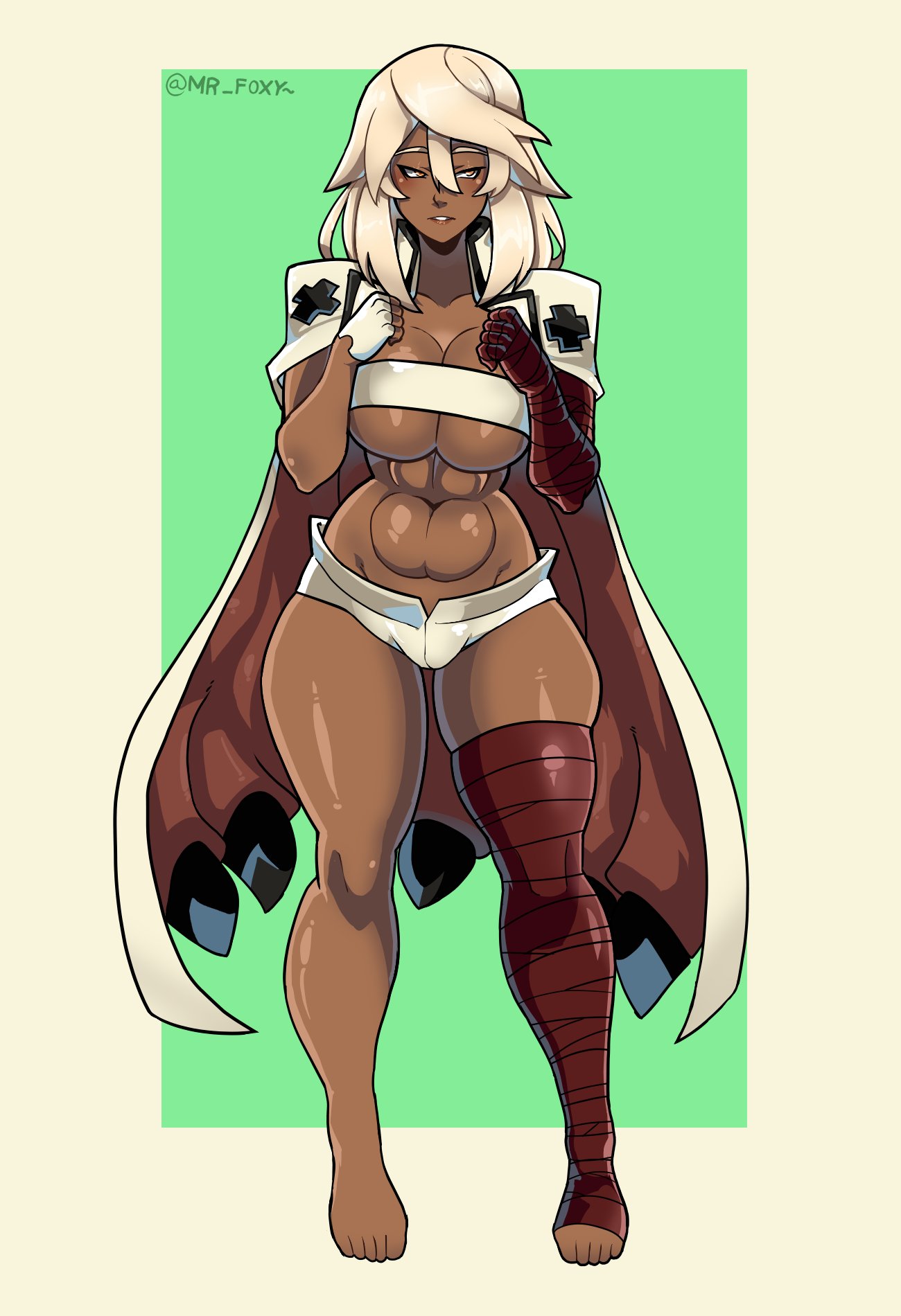 almost naked, almost nude, ass, barefeet, barefoot, big ass, big breasts, big thighs, blonde hair, breasts, brown body, brown skin, confusion, feet, female, female focus, female only, fighting game, gloves, guilty gear, guilty gear strive, hands on breasts, huge ass, huge breasts, huge thighs, long hair, looking away, mr foxy15, muscular, muscular female, ramlethal valentine, shorts, tight clothes, tight clothing, video game character, video games, yellow hair