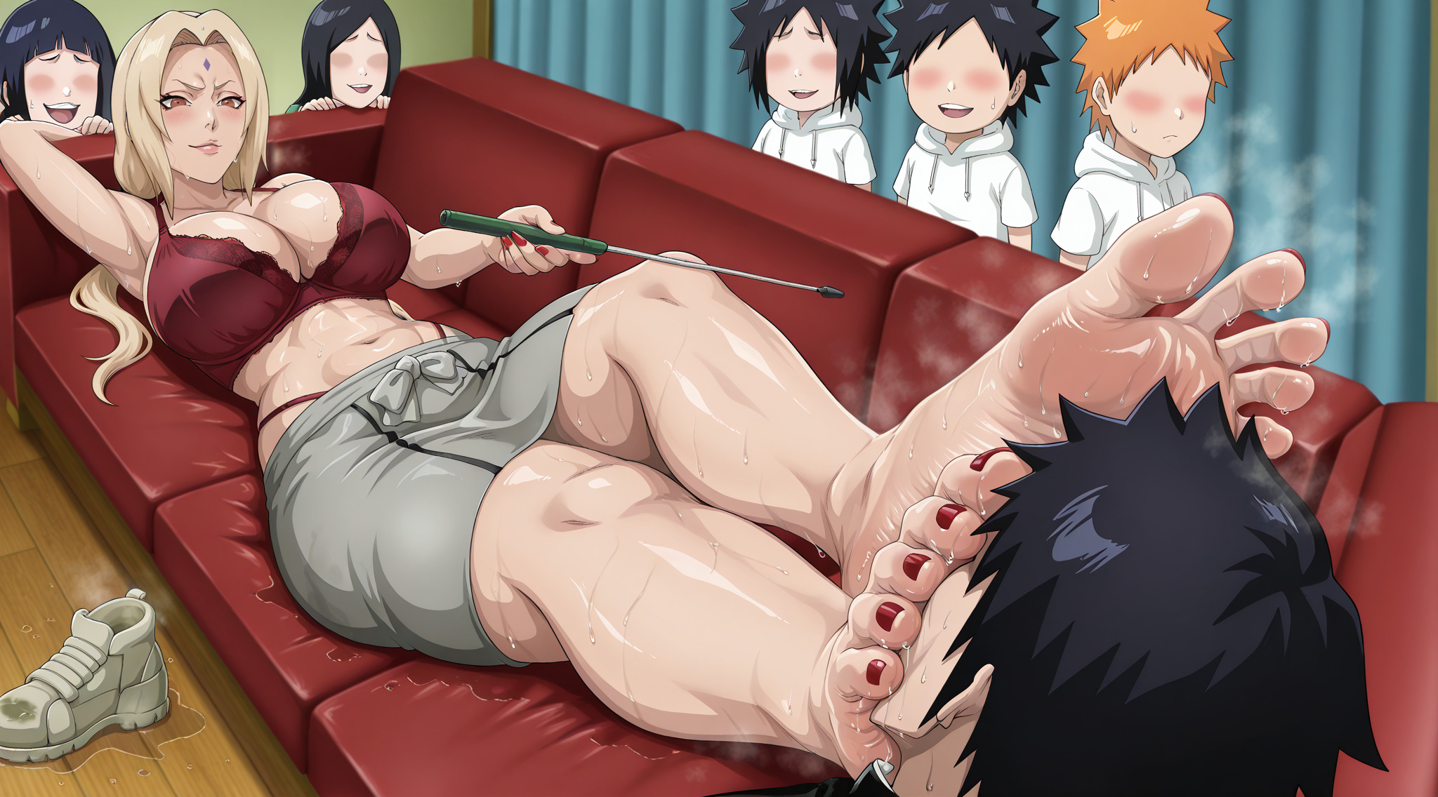 ai generated, blush, boruto: naruto next generations, ca1nhurst, dominant female, faceless character, feet, feet on face, foot focus, foot worship, holding object, large breast, lying on back, naruto, naruto (series), red bra, red toenails, sasuke uchiha, skirt, smirk, steaming body, sweat, sweatdrop, sweaty feet, thick thighs, toenail polish, toes, tsunade, wide hips