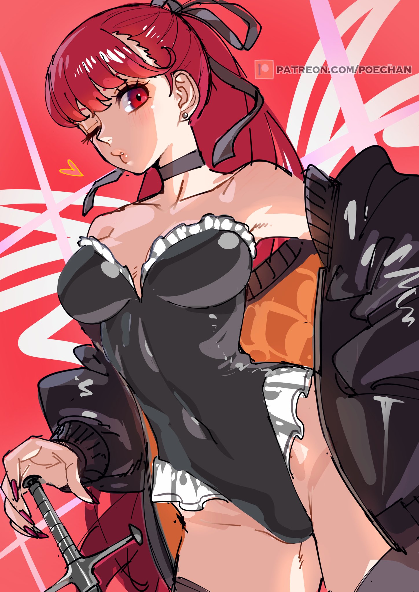 1girls, alternate breast size, big breasts, black choker, black jacket, black leotard, black ribbon, blush, breasts, choker, commentary request, covered navel, earrings, female, female only, fingernails, hair ribbon, highleg, highleg leotard, highres, jacket, jewelry, kasumi yoshizawa, large breasts, leotard, lips, long hair, looking at viewer, off shoulder, one eye closed, parted lips, patreon username, persona, persona 5, persona 5 royal, pink lips, poechan, ponytail, red background, red eyes, red hair, red nails, ribbon, solo, strapless, strapless leotard, sumire yoshizawa, sumire yoshizawa (violet), sword, thighs, very long hair, weapon