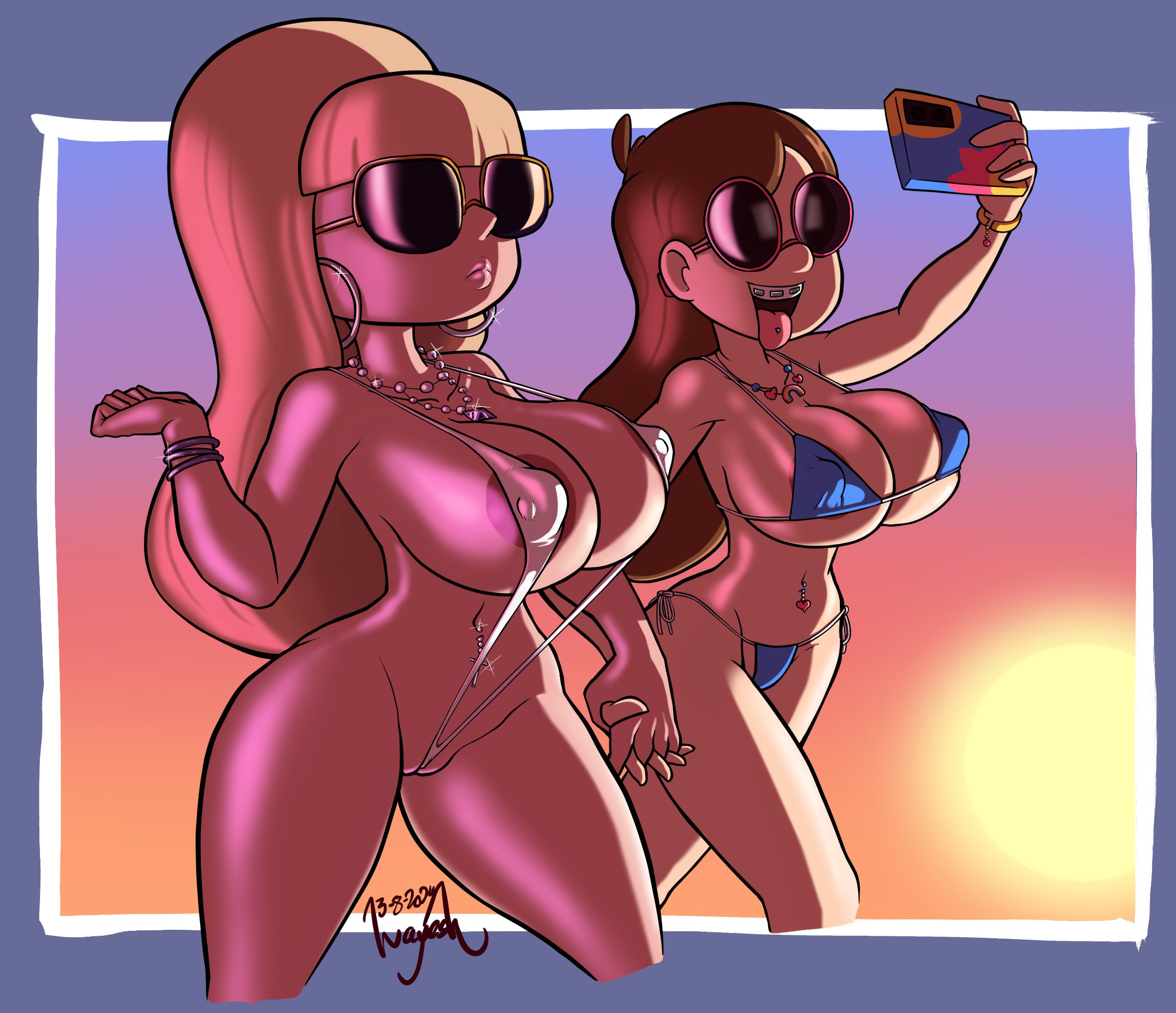 2024, 2girls, areola slip, areolae, armwear, belly piercing, big breasts, bikini, bikini bottom, bikini top, blonde hair, blue bikini, bracelet, braces, breasts, cleavage, dated, ear piercing, earrings, eyewear, female, female only, gravity falls, hair, handholding, hips, holding hands, holding phone, hoop earrings, huge breasts, human, lips, long hair, mabel pines, micro bikini, necklace, neckwear, nipple piercing, nipples, pacifica northwest, parted lips, pearl necklace, phone, pierced nipples, piercing, piercings, ponytail, selfie, skimpy, skimpy bikini, sling bikini, sunglasses, swimwear, thighs, tinted eyewear, tongue, tongue out, tongue piercing, wayesh, white sling bikini
