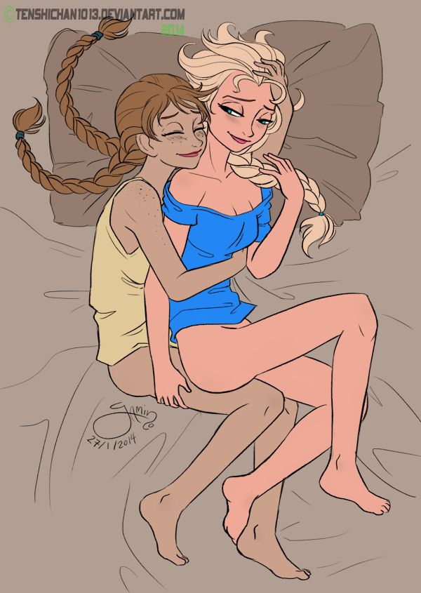 anna_(frozen) bare_legs bottomless braid cuddling disney disney_princess elsa_(frozen) female female_only freckles frozen_(film) hugging hugging_from_behind human in_bed incest jmascia multiple_females pillow ponytail sisters small_breasts smile spooning tank_top tenshichan1013 twin_braids twintails yamino yuri