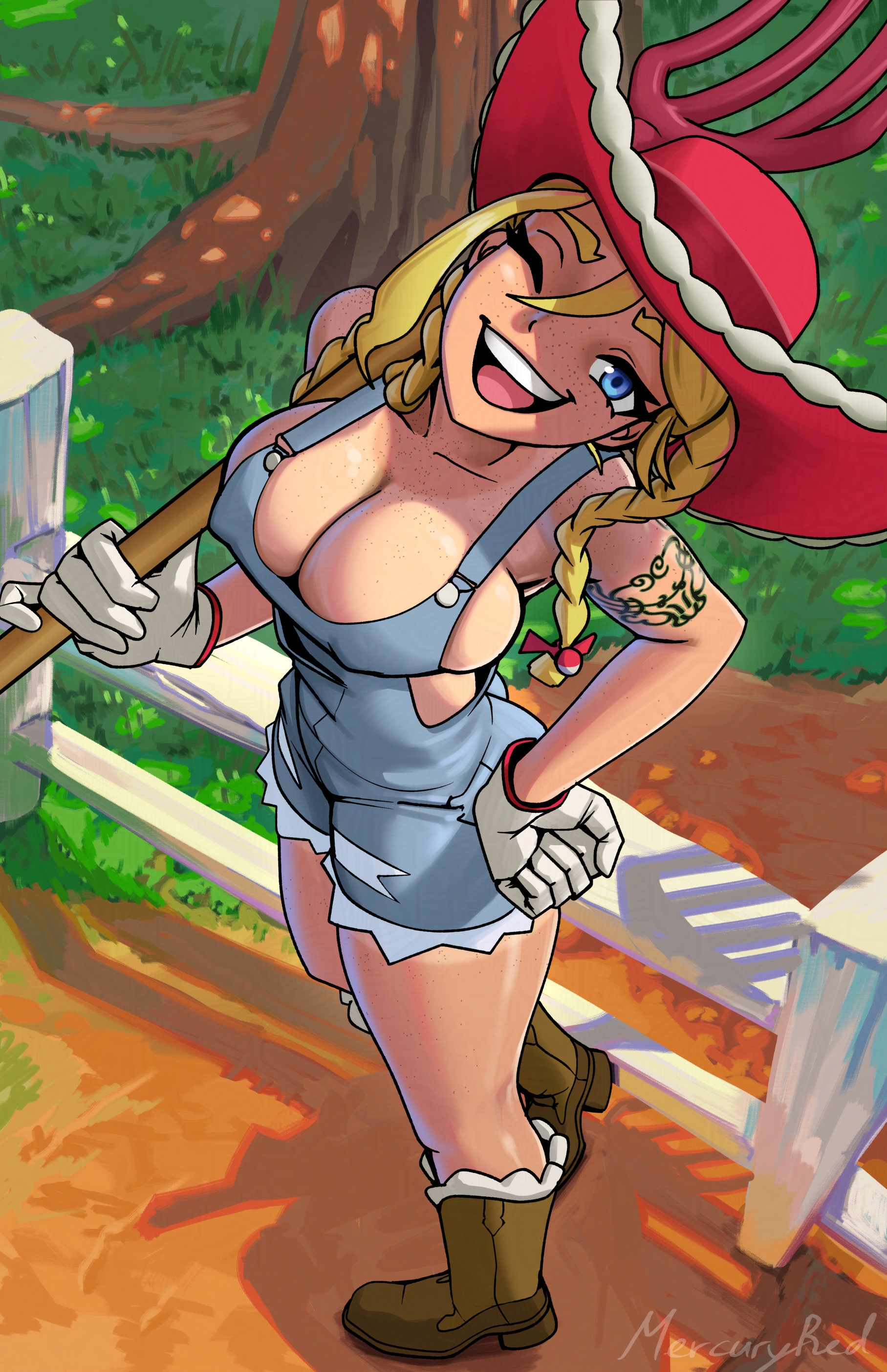 alternate version available, blonde hair, blue eyes, braid, braided twintails, breasts, cleavage, clothed, cowboy boots, cowboy hat, cowgirl, female, freckles, from above, gloves, hand on hip, kitt (pokemon), large breasts, looking at viewer, mercuryred, nipple bulge, no bra, no dialogue, outdoors, overalls, pokemon, pokemon champions, rucola (pokemon), smile, suggestive, tan skin, tanline, tattoo, wink, winking at viewer