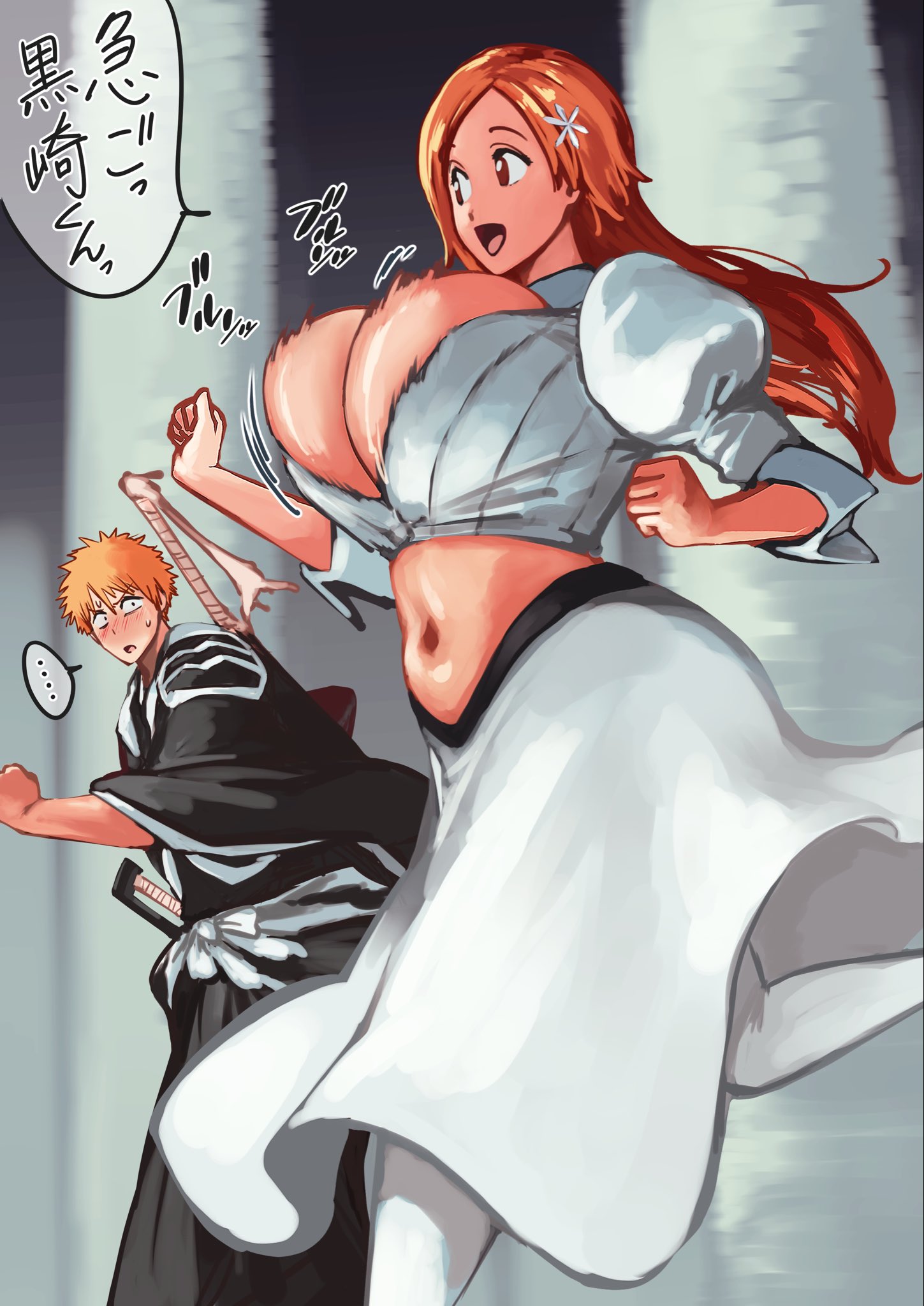 1boy, 1girls, bleach, bleach: the thousand-year blood war, bouncing breasts, cleavage, cleavage cutout, inoue orihime, japanese text, kurosaki ichigo, kyugata, long hair, orange hair, tagme