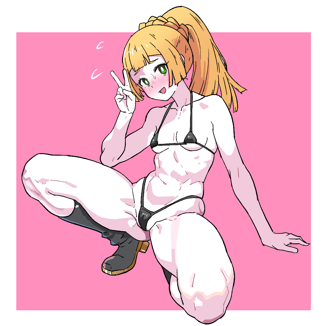 :d, 1girls, arm support, arm up, bikini, black bikini, black boots, blonde hair, blunt bangs, blush, boots, border, braid, breasts, bright pupils, collarbone, dashed eyes, dot nose, flying sweatdrops, full body, gold trim, green eyes, groin, groin tendon, head tilt, heel up, high ponytail, highleg, highleg bikini, light-skinned female, lillie (pokemon), long hair, looking at viewer, micro bikini, navel, nose blush, on one knee, open mouth, outside border, pink background, pokemon, ponytail, ponytail with braided base, raised inner eyebrows, shiny clothes, skindentation, small breasts, small sweatdrop, smile, solo, solo female, solo focus, swimsuit, thick thighs, thighs, toned, toned female, v, white border, yaki apple