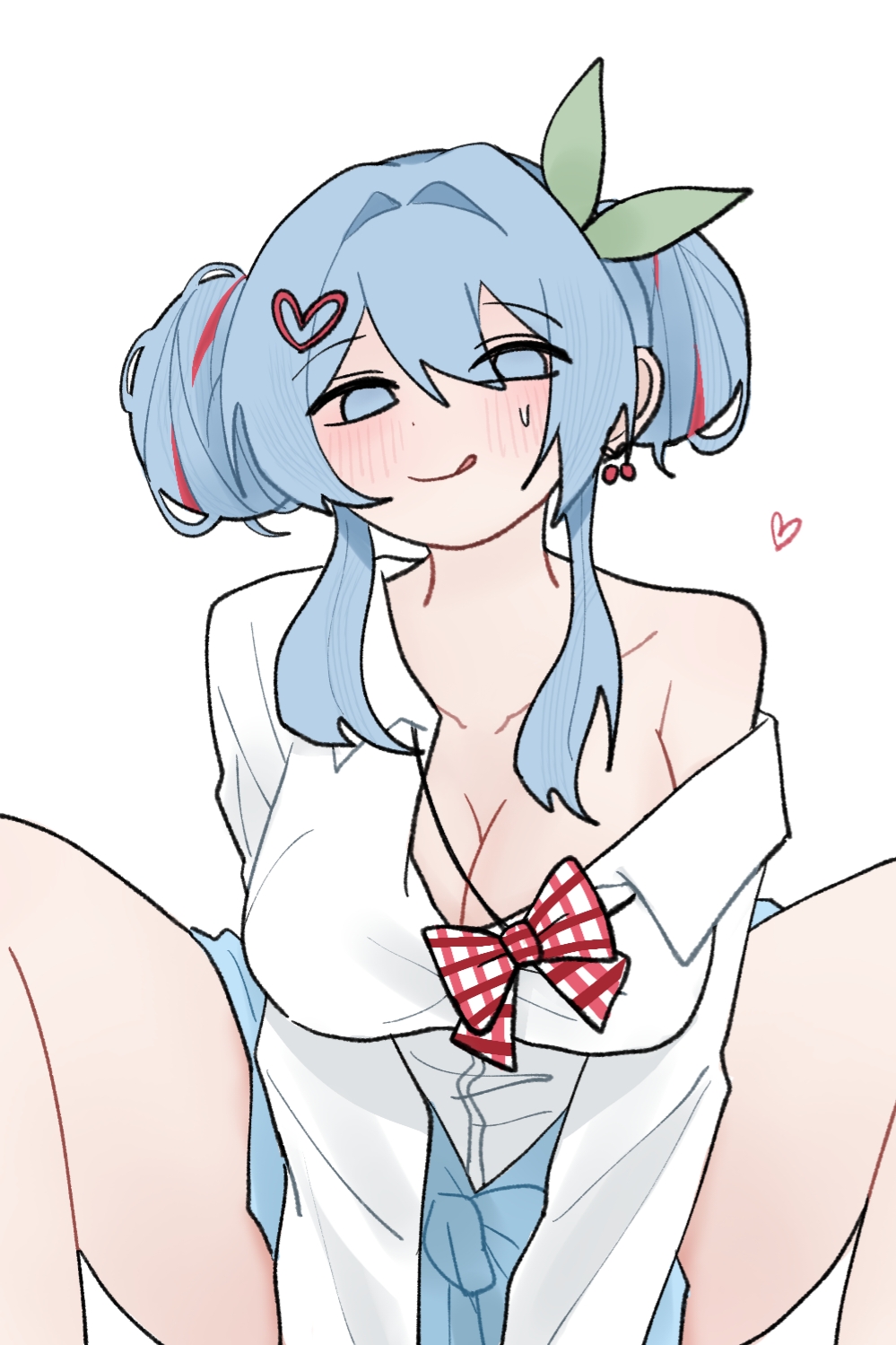 :q, 1girl, 1girls, big breasts, blue eyes, blue hair, blue skirt, blush, bow, bowtie, breasts, ccitrus0, cherry pop (vocaloid), cleavage, clothes around waist, color, deco27, earrings, female, female focus, female only, girl on top, hair bun, hair ornament, hair ribbon, hairclip, hatsune miku, heart, human, human only, large breasts, licking lips, light skin, looking at viewer, mv character, off shoulder, pixiv link, plaid bow, ribbon, school uniform, shirt, simple background, skirt, smile, solo, spread legs, sweatdrop, thick thighs, tongue, tongue out, vocaloid, white background, white shirt