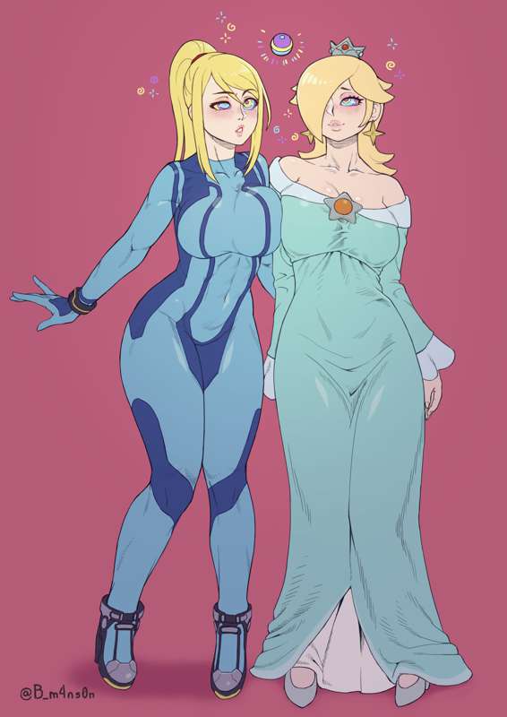 2girls, asymmetrical eyelids, big breasts, breast press, breasts, cleavage, dazed, duo, female, female only, femsub, hypnosis, hypnotic eyes, hypnotic orb, kaa eyes, large breasts, light-skinned female, m4ns0n, metroid (series), mind control, multiple girls, multiple subs, nintendo, open mouth, princess rosalina, samus aran, super mario bros., thick thighs, zero suit