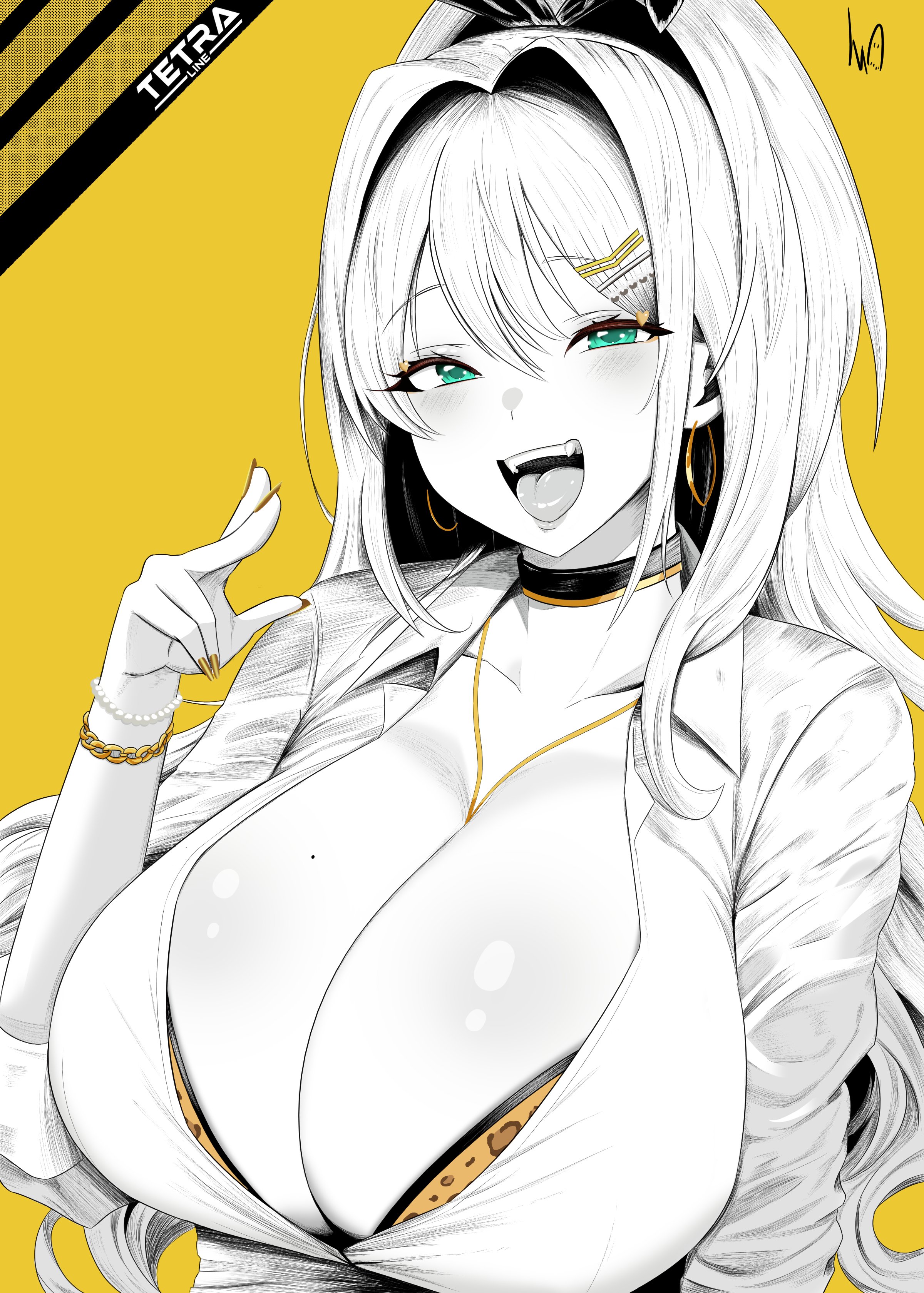 1girl, absurdres, animal print, blush, bra, bracelet, breasts, chain, chain bracelet, choker, cleavage, commentary, earrings, english commentary, fang, goddess of victory: nikke, hair intakes, hair ornament, hairband, hairclip, highres, jewelry, large breasts, leopard print, leopard print bra, looking at viewer, lughost, medium hair, mole, mole on breast, multiple bracelets, nail polish, necklace, open clothes, open mouth, open shirt, orange background, partially colored, pearl bracelet, print bra, rupee (nikke), shirt, signature, smile, solo, tongue, underwear