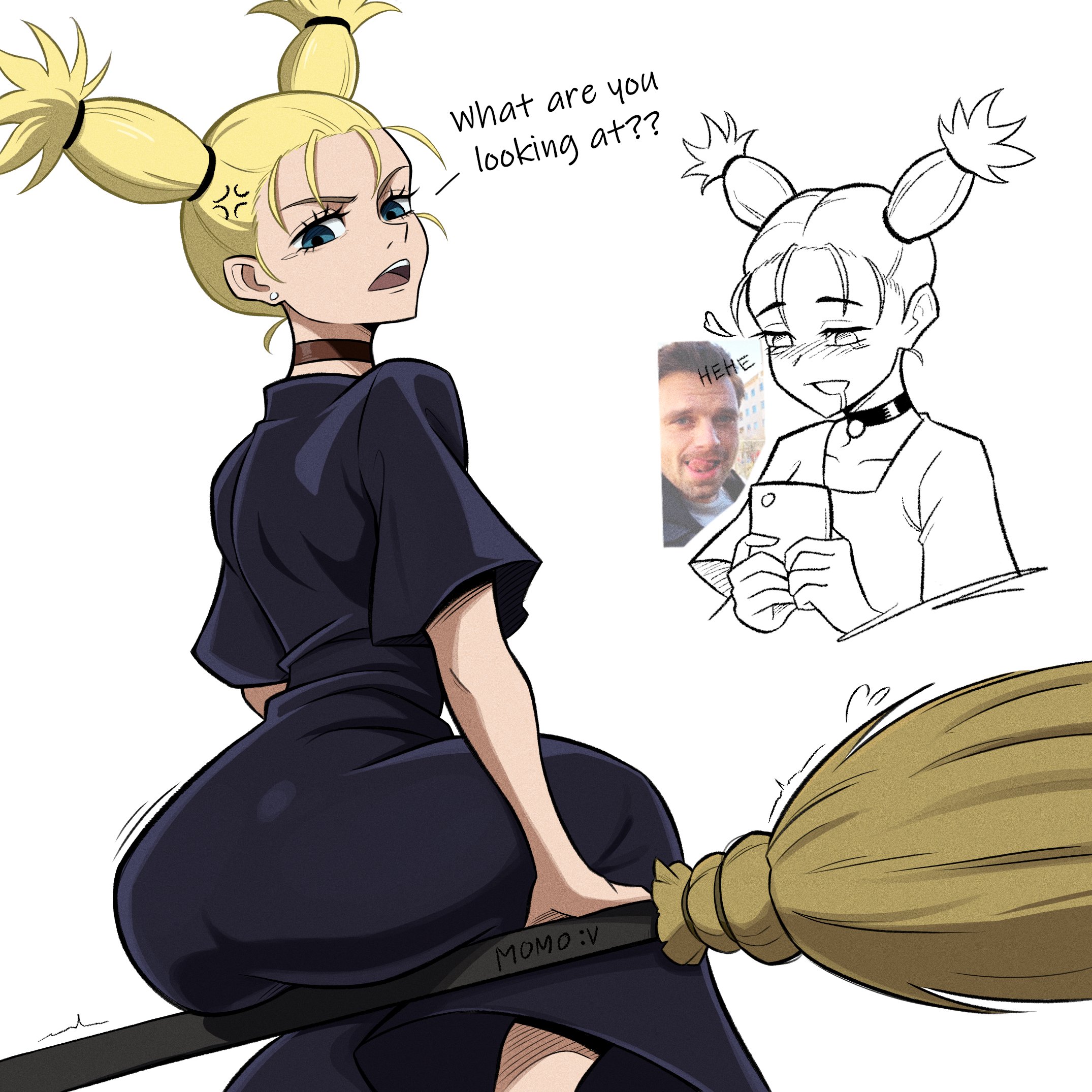1girls, ass, big ass, black choker, blonde hair, blonde hair,, blue eyes, blush, broom, bubble butt, choker, csr ap07, dress, english text, huge ass, jujutsu kaisen, looking back, nishimiya momo, smartphone, trembling, twintails